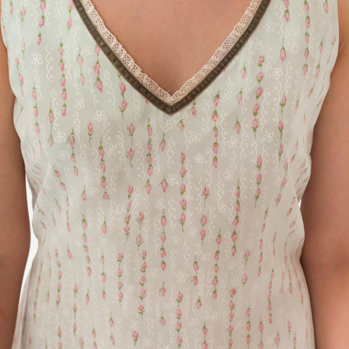 90s Mint Floral Sheath Mini Dress Deep V Neck Sleeveless Small