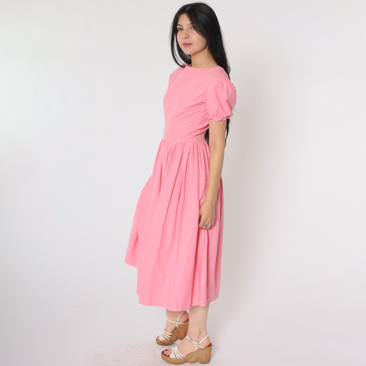 60s Bright Pink Puff Sleeve Midi Dress High Waist Full Skirt Small S
