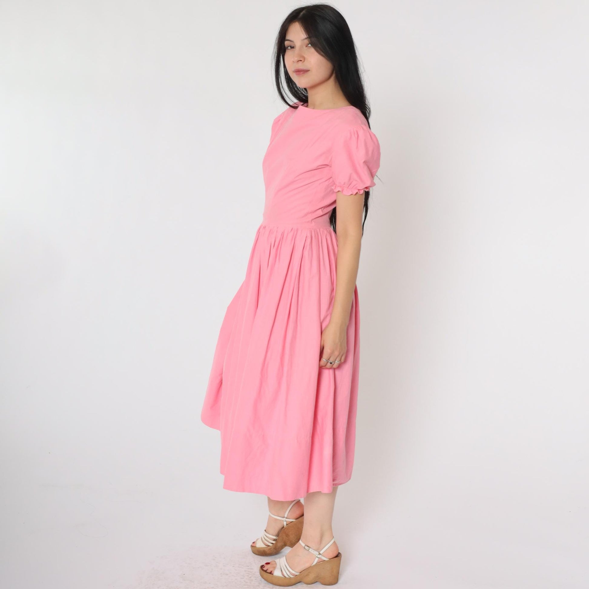 60s Bright Pink Puff Sleeve Midi Dress High Waist Full Skirt Small S