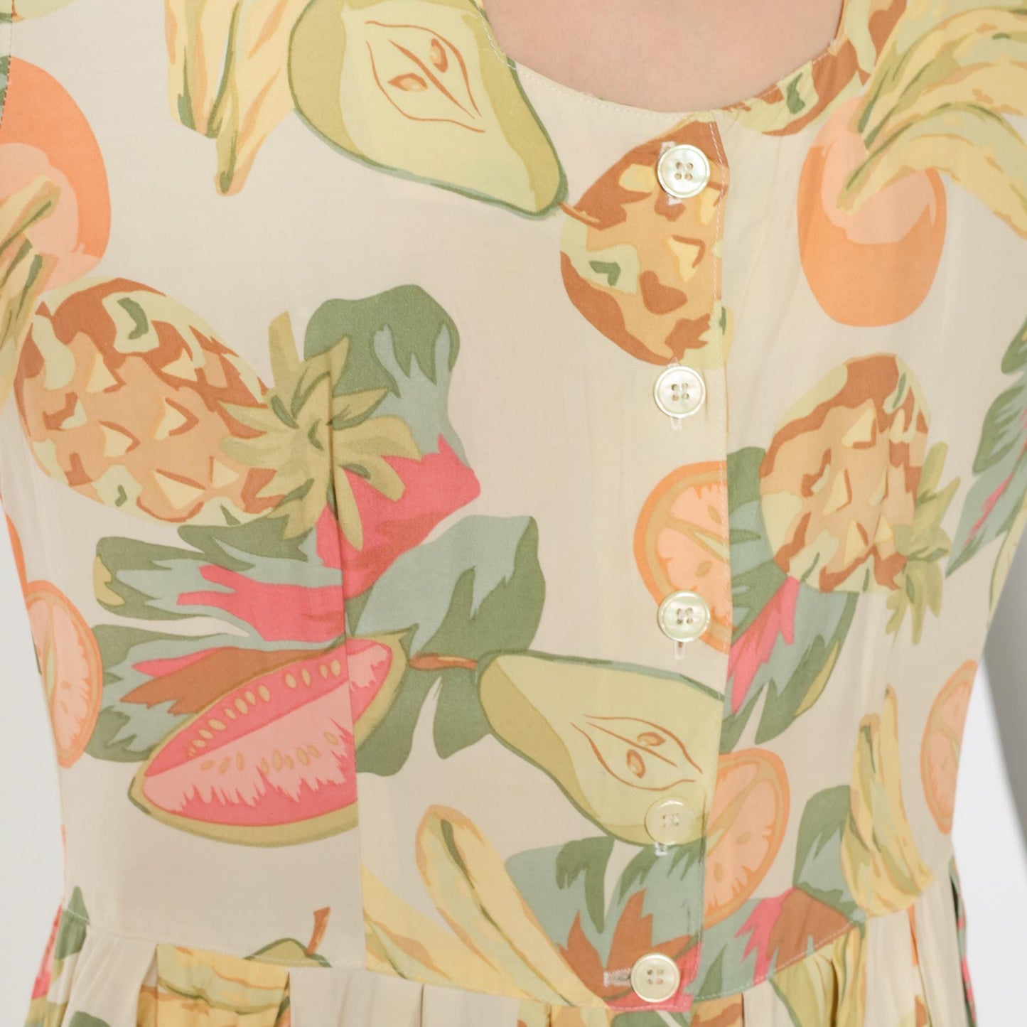 90s Tropical Fruit Print Button-Up Shirtdress Midi Cream Rayon Medium