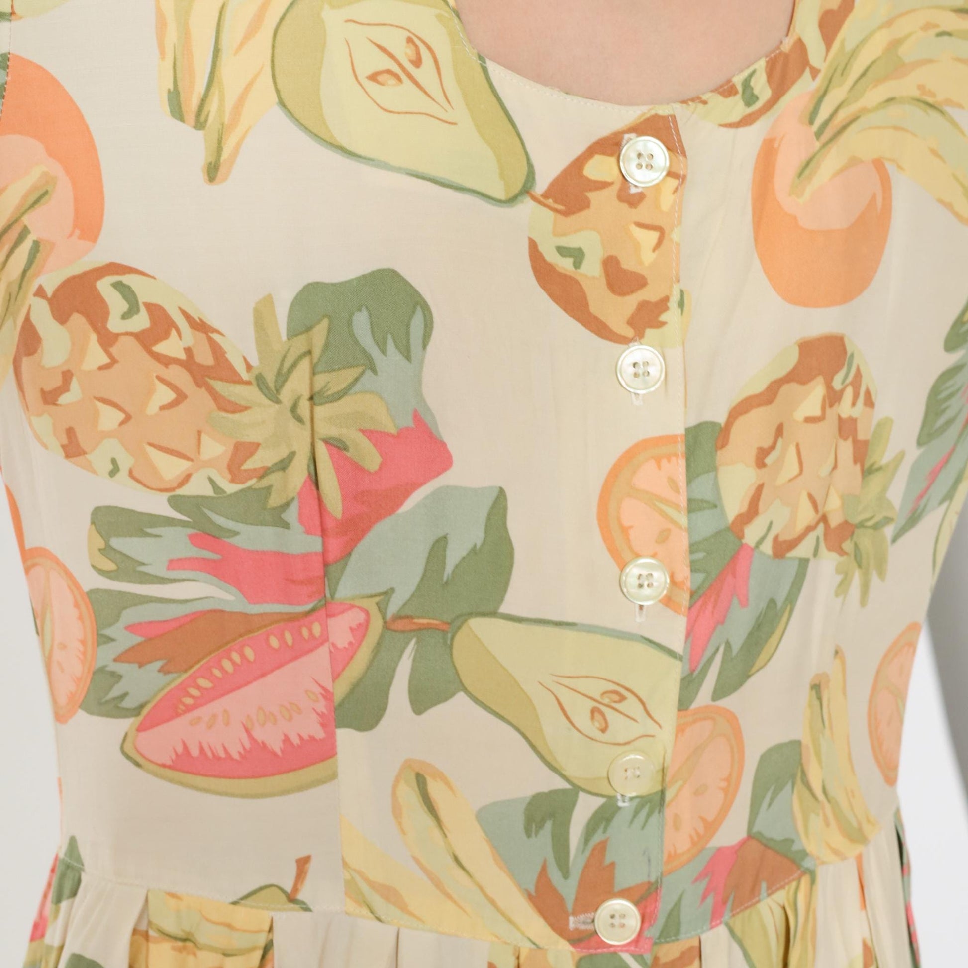 90s Tropical Fruit Print Button-Up Shirtdress Midi Cream Rayon Medium