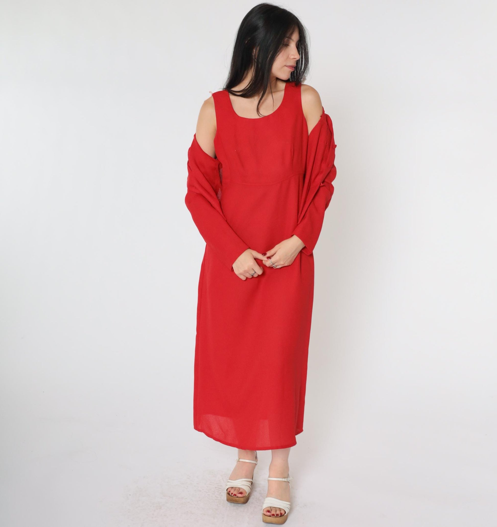 90s Karin Stevens Red Soutache Beaded Two-Piece Dress Set Ankle Length Small Petite