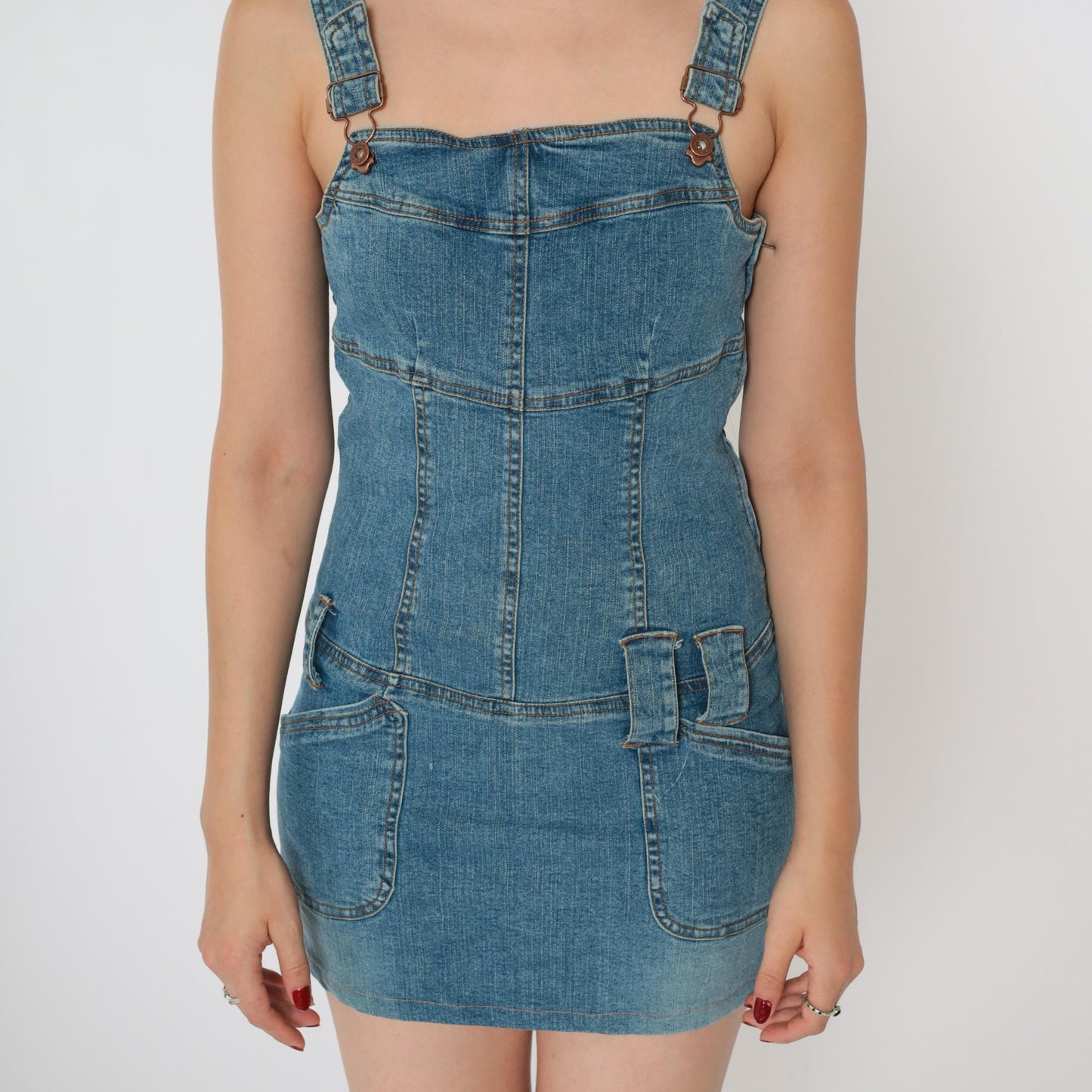 Y2K Hot Kiss Blue Denim Overall Mini Dress Bodycon Sleeveless Extra Small