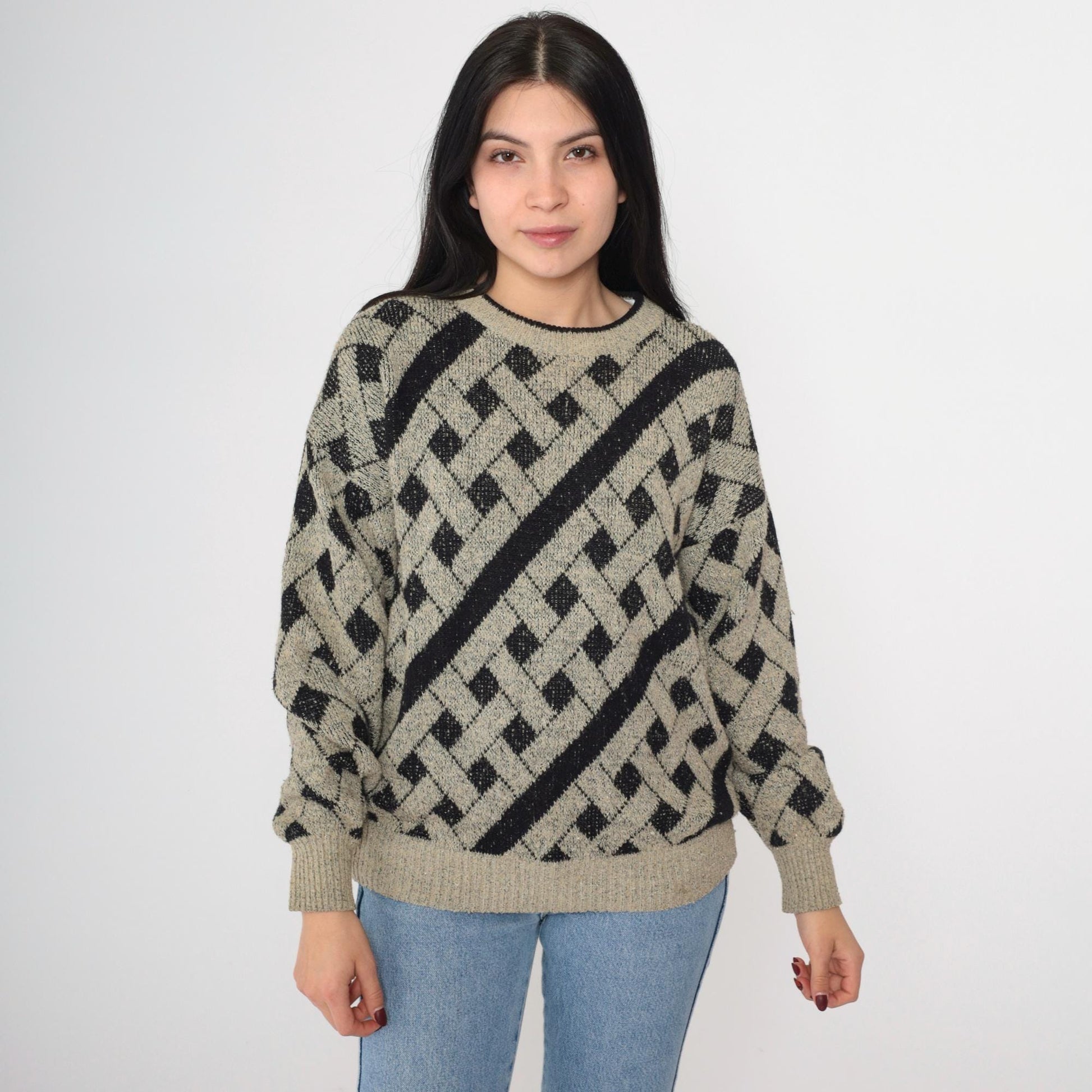 90s Geometric Knit Sweater Black Taupe Lattice Crewneck Pullover Medium