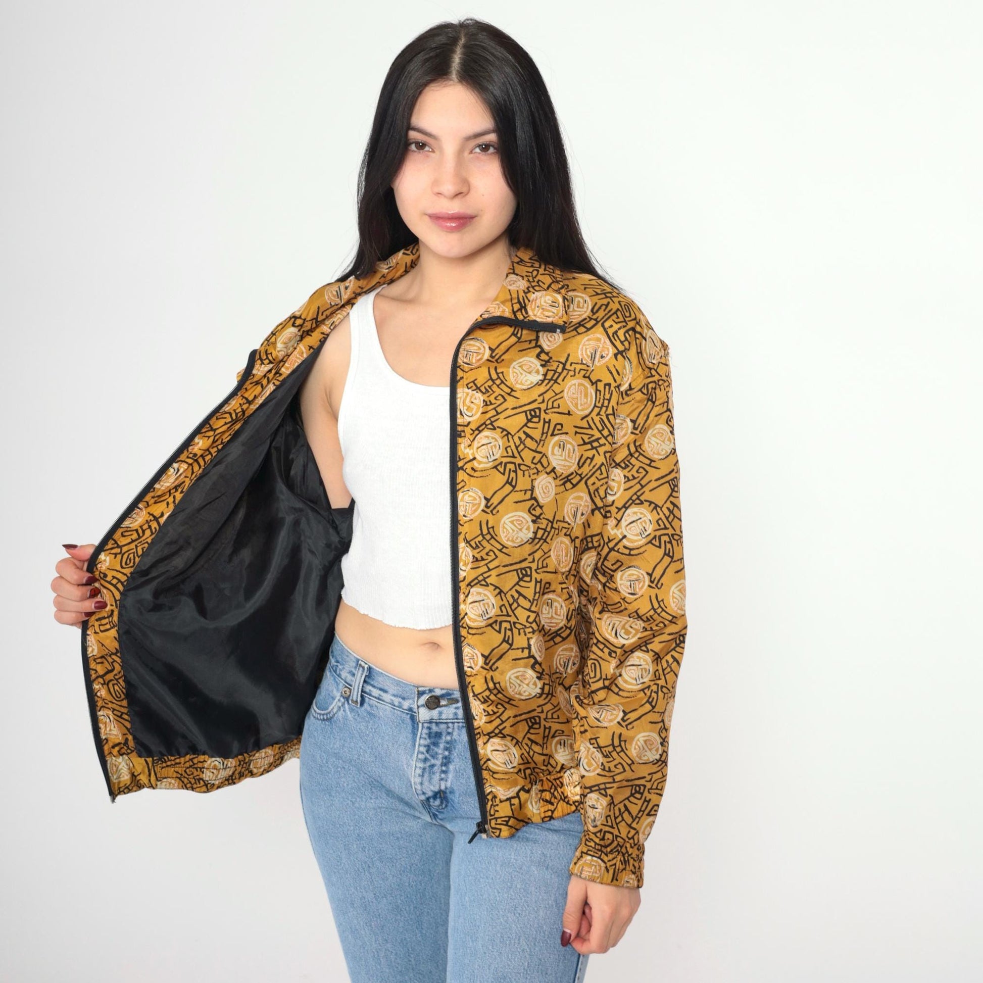 90s Kiku Silk Windbreaker Mustard Yellow Asian Symbol Zip Jacket Small