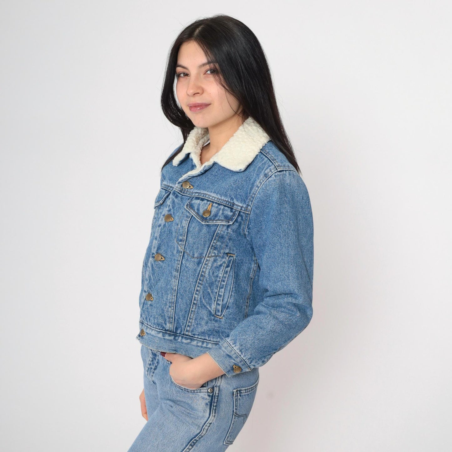 90s Blue Denim Shearling Jacket Faux Fleece Lined Button Up XXS