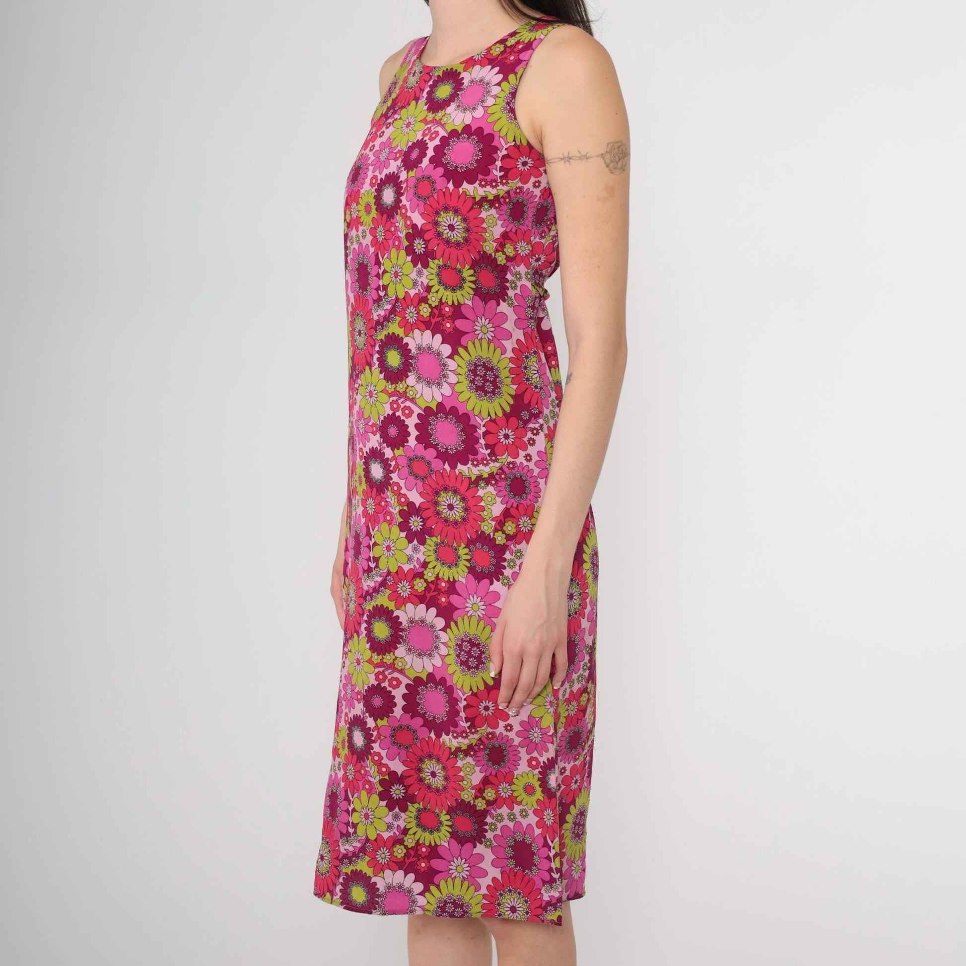 90s Floral Midi Sundress Shift Sleeveless Pink Purple Lime Green 2XS