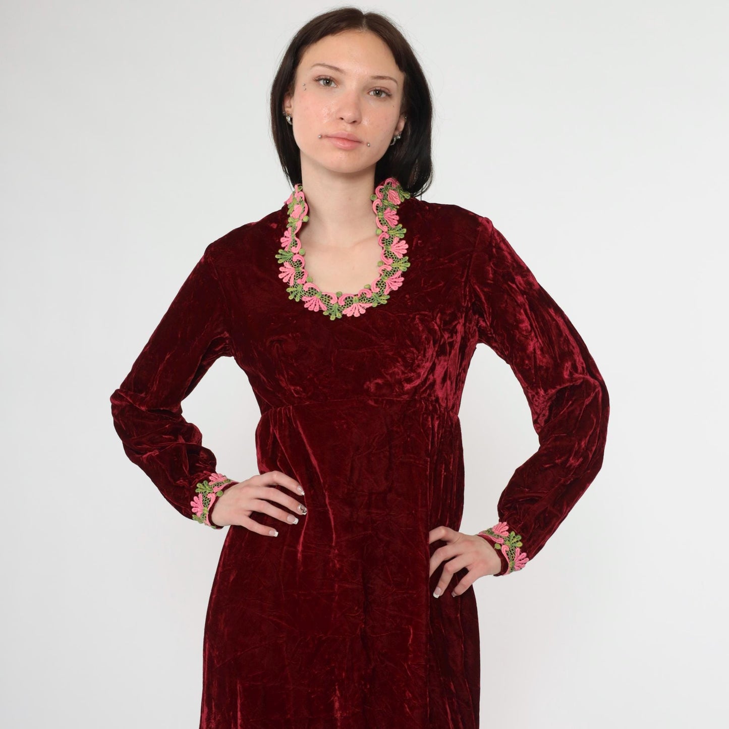 70s Red Velvet Maxi Dress Empire Waist Lace Long Sleeve Small