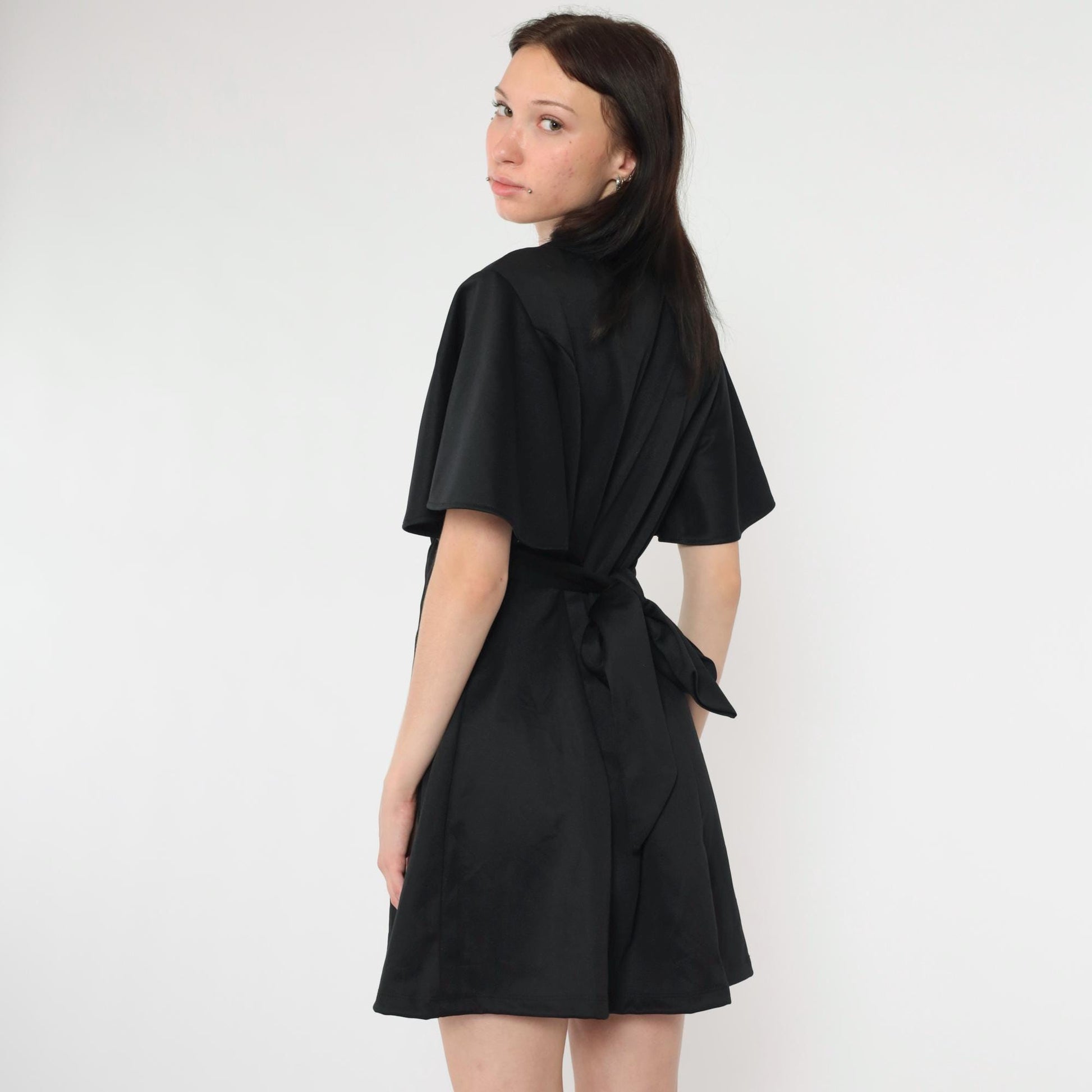 Y2K Black Babydoll Mini Dress Flutter Sleeve Empire Waist Small 6