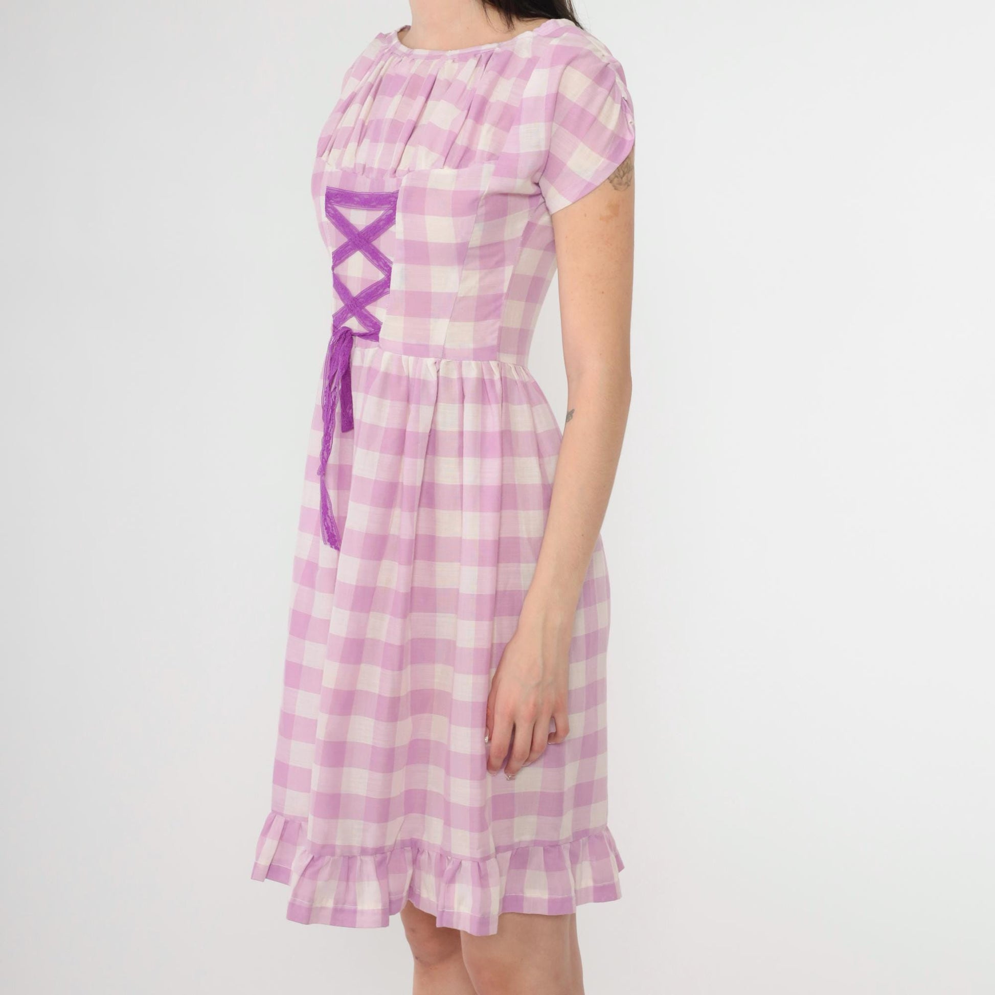 60s Lavender Gingham Mini Dress Lace-Up Corset Cap Sleeve High Waist Extra Small