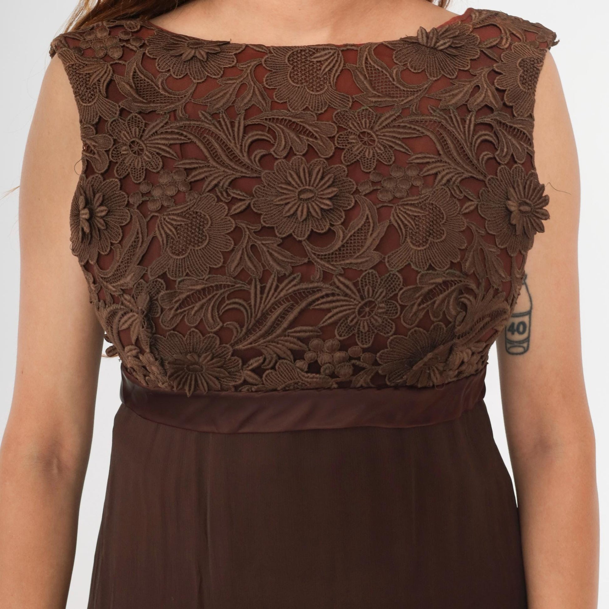 1960s Brown Lace Empire Waist Maxi Dress V Back Bow Sleeveless Medium 8
