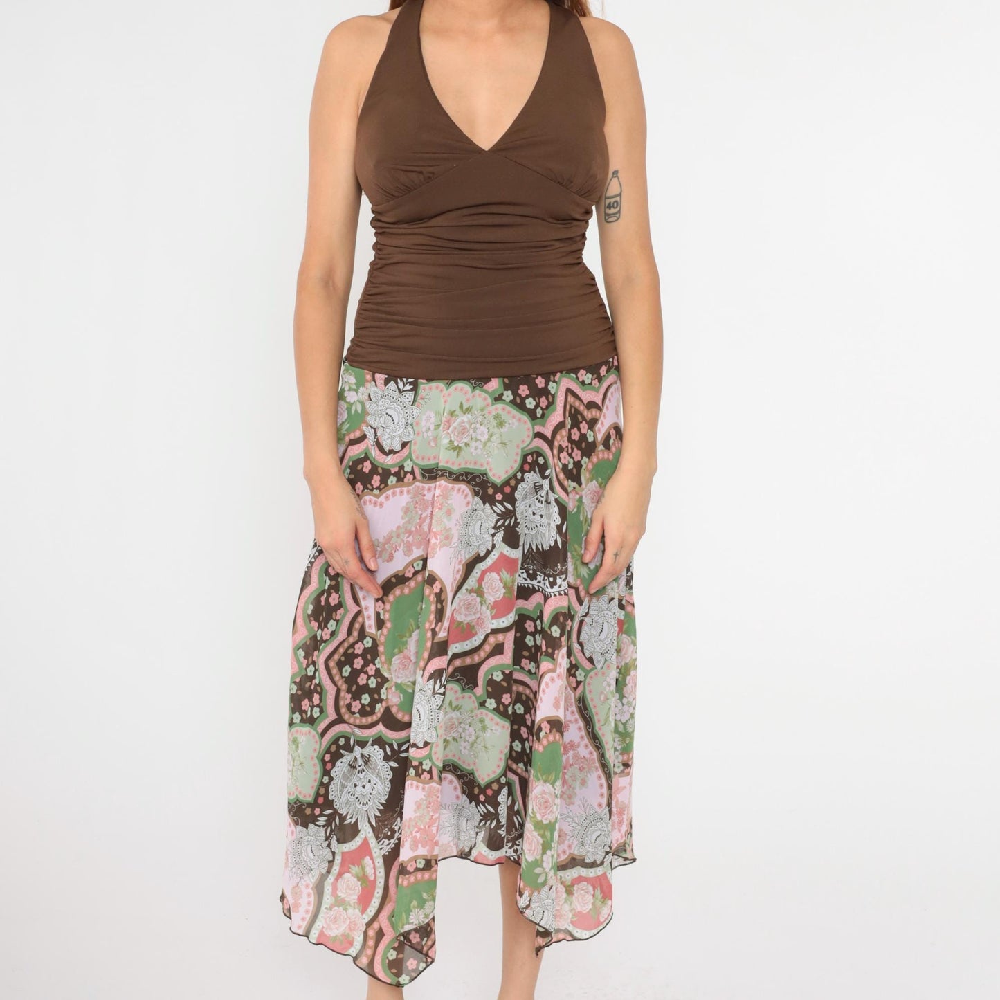 Y2K Floral Halter Midi Dress Brown Hanky Hem Drop Waist Sundress Large L