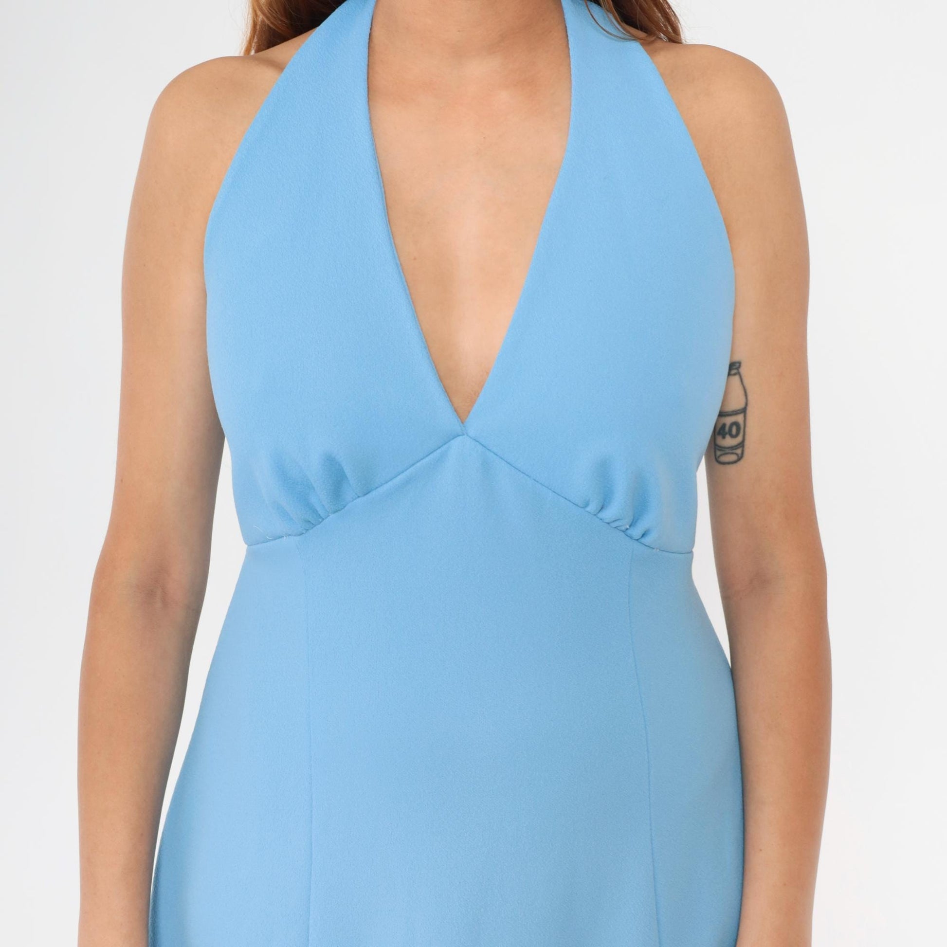 70s Blue Halter Maxi Dress Empire Waist Open Back Sleeveless Medium M