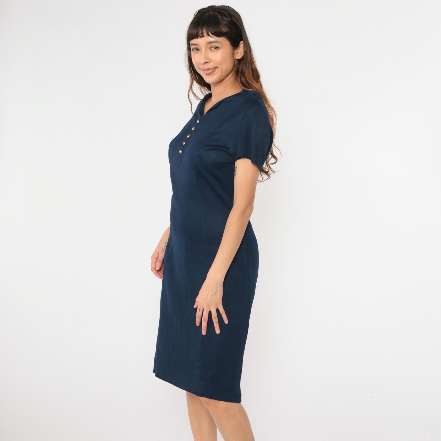 1960s Navy Shift Dress Midi Button Detail Short Sleeve Medium