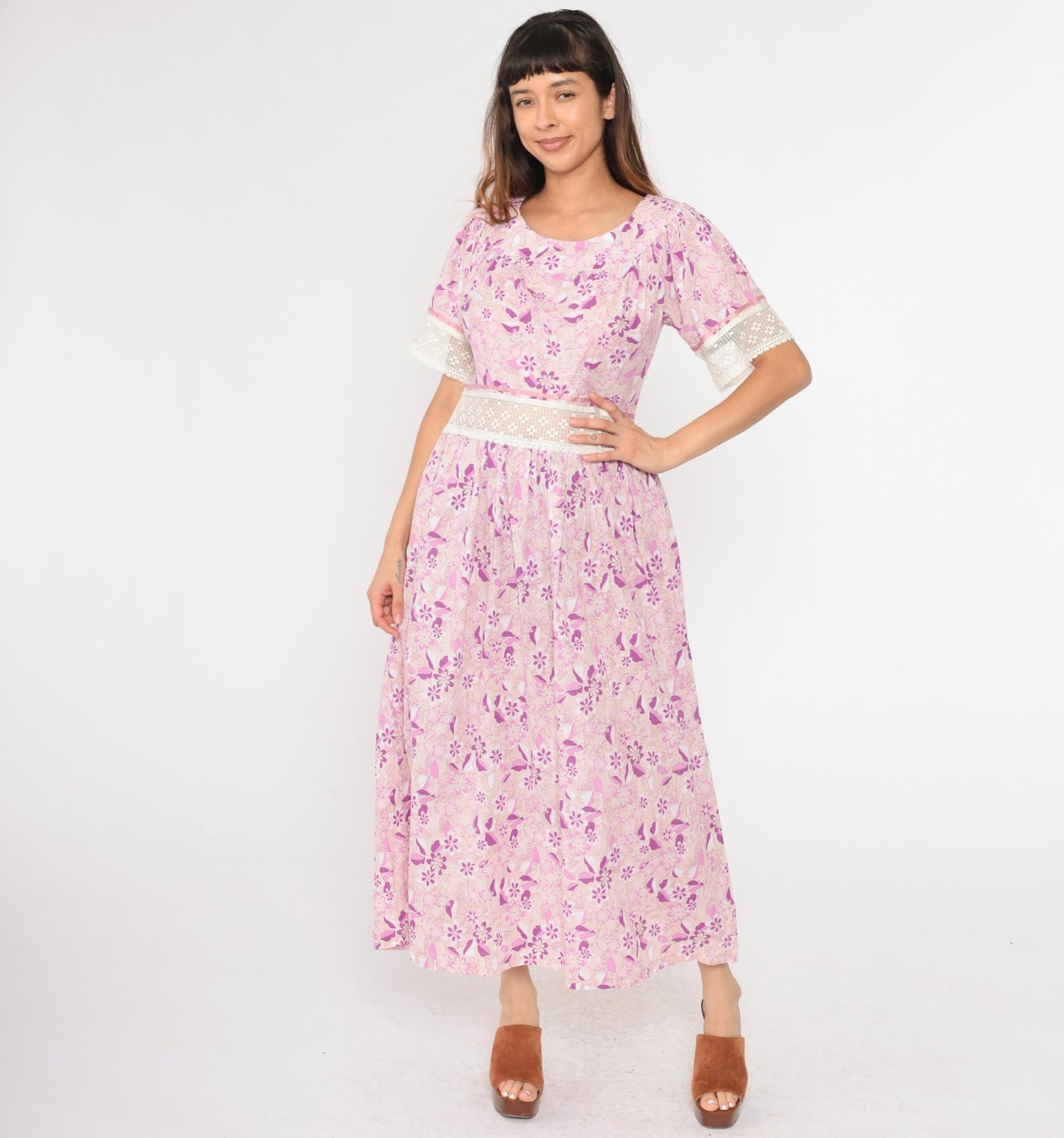 Y2K Floral Maxi Dress Purple Pink Lace Trim Short Sleeve Large