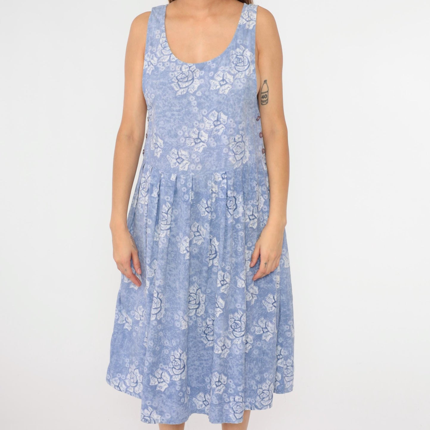 90s Periwinkle Floral Midi Dress Sleeveless Button Side Cotton Medium
