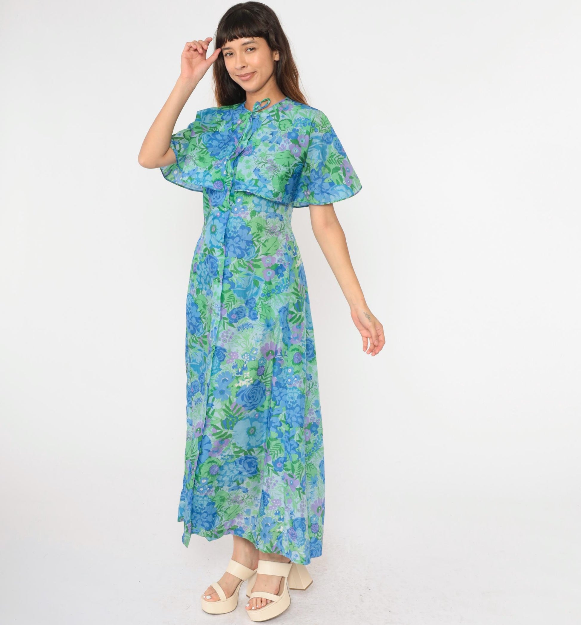70s Lord & Taylor Floral Maxi Dress Blue Green Capelet Button Front Small