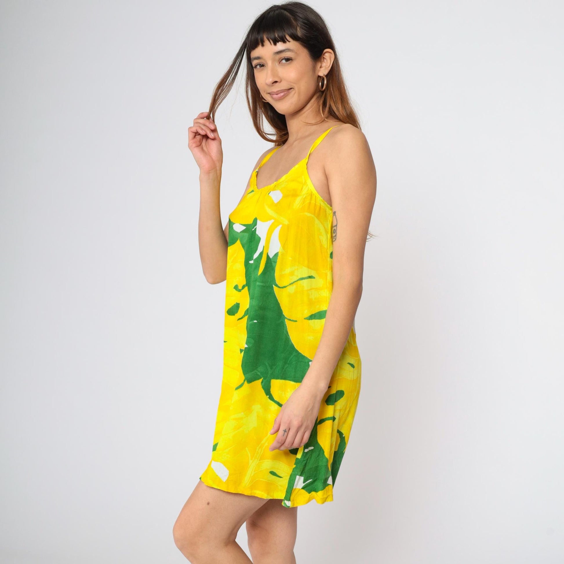 Y2K Tropical Leaf Print Mini Dress Yellow Green Spaghetti Strap Small