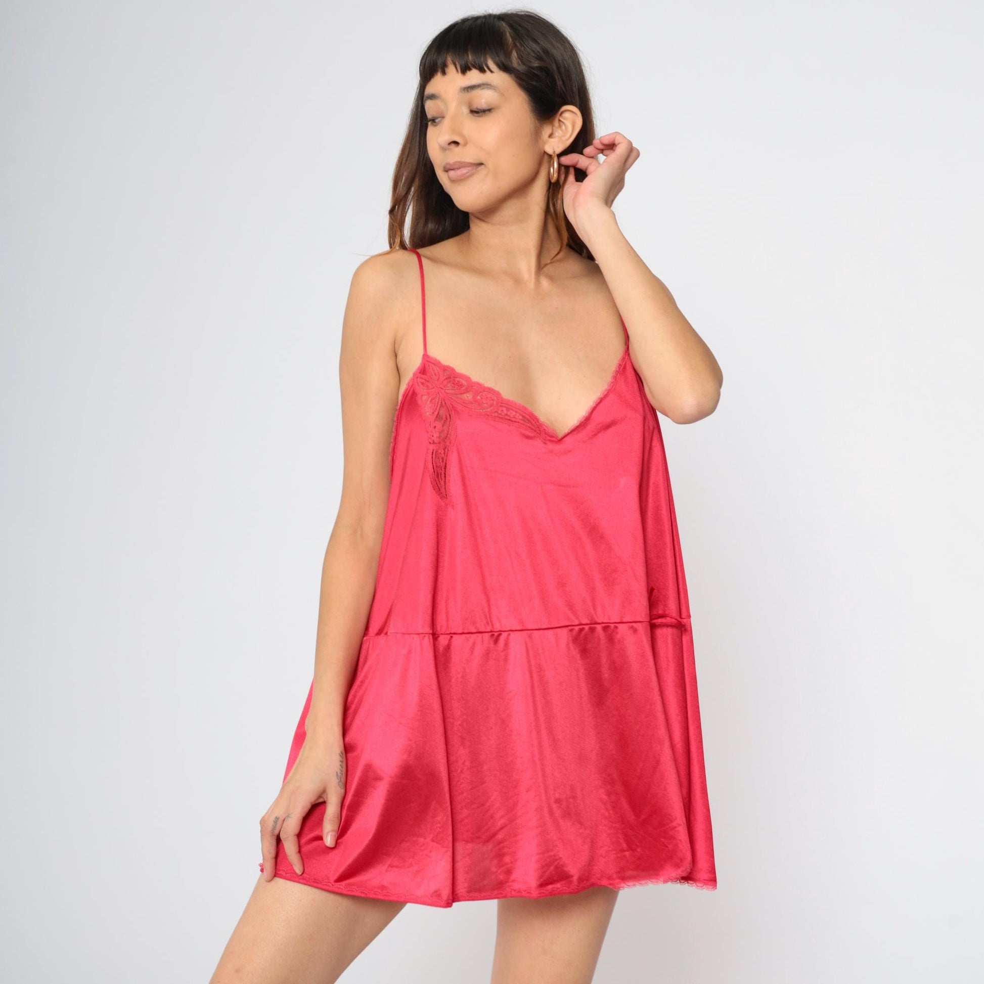 80s Vanity Fair Slip Dress Plus Size XXL Raspberry Pink Lace Spaghetti Strap Mini