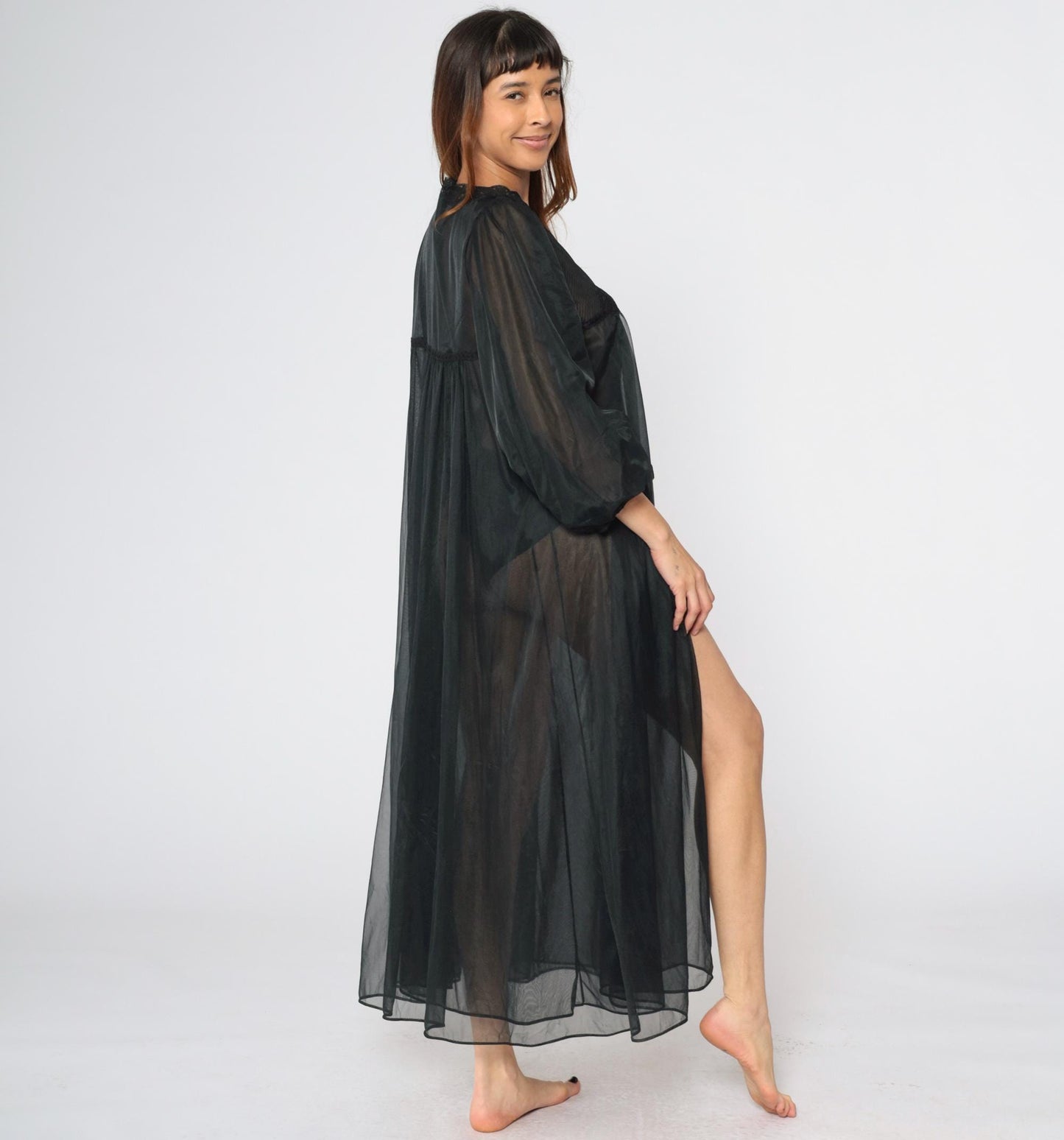 70s Gossard Artemis Black Nylon Lingerie Robe Lace Trim Maxi Medium