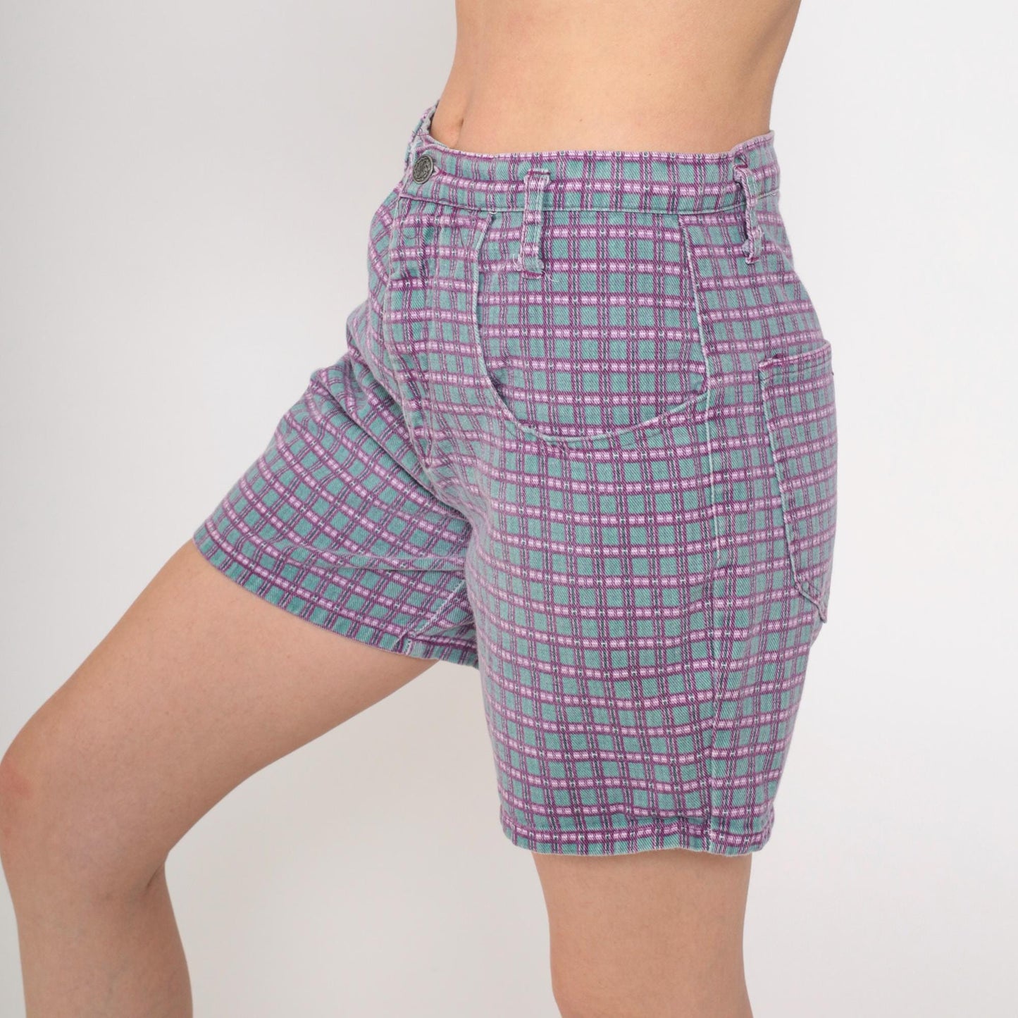 90s Wet Seal Checkered Denim Shorts High Waist Purple Green Small