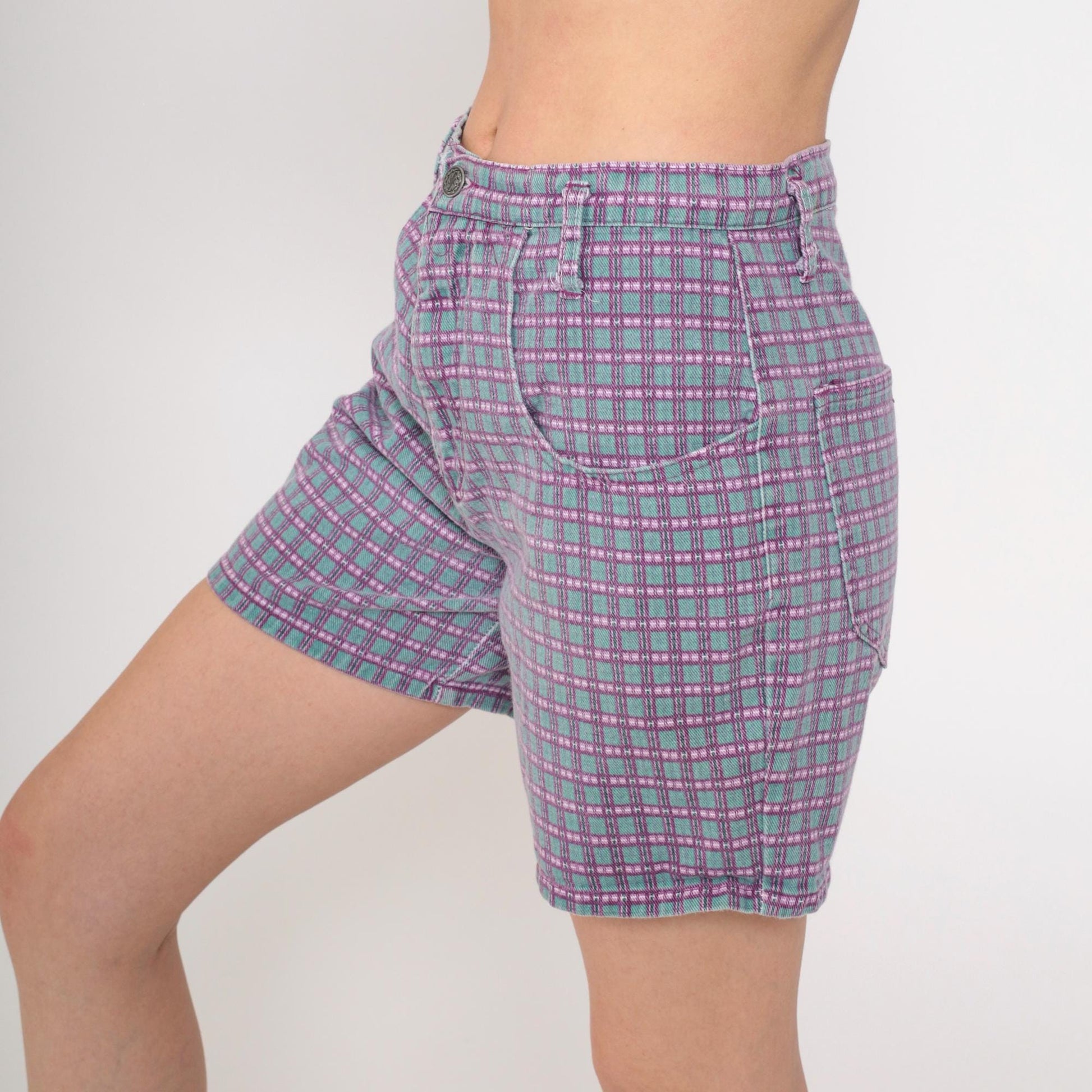 90s Wet Seal Checkered Denim Shorts High Waist Purple Green Small