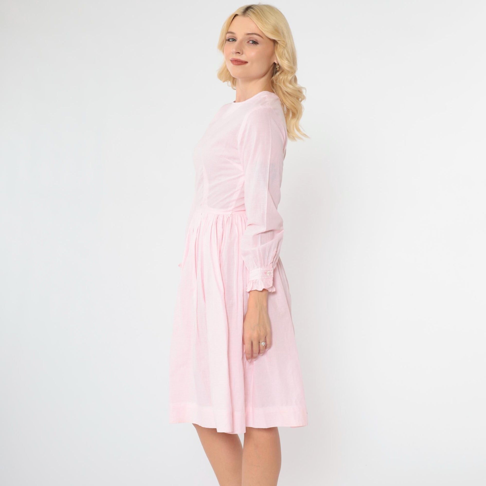 1960s Pink Checkered Dress High Waist Ruffled Long Sleeve Knee Length Extra Small