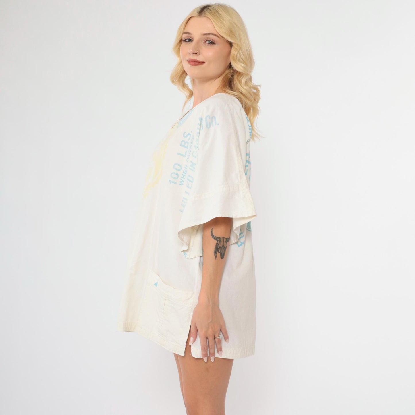 70s Brackman-Ker Milling Co Flour Sack Tunic Bell Sleeve V-Neck White Medium Large
