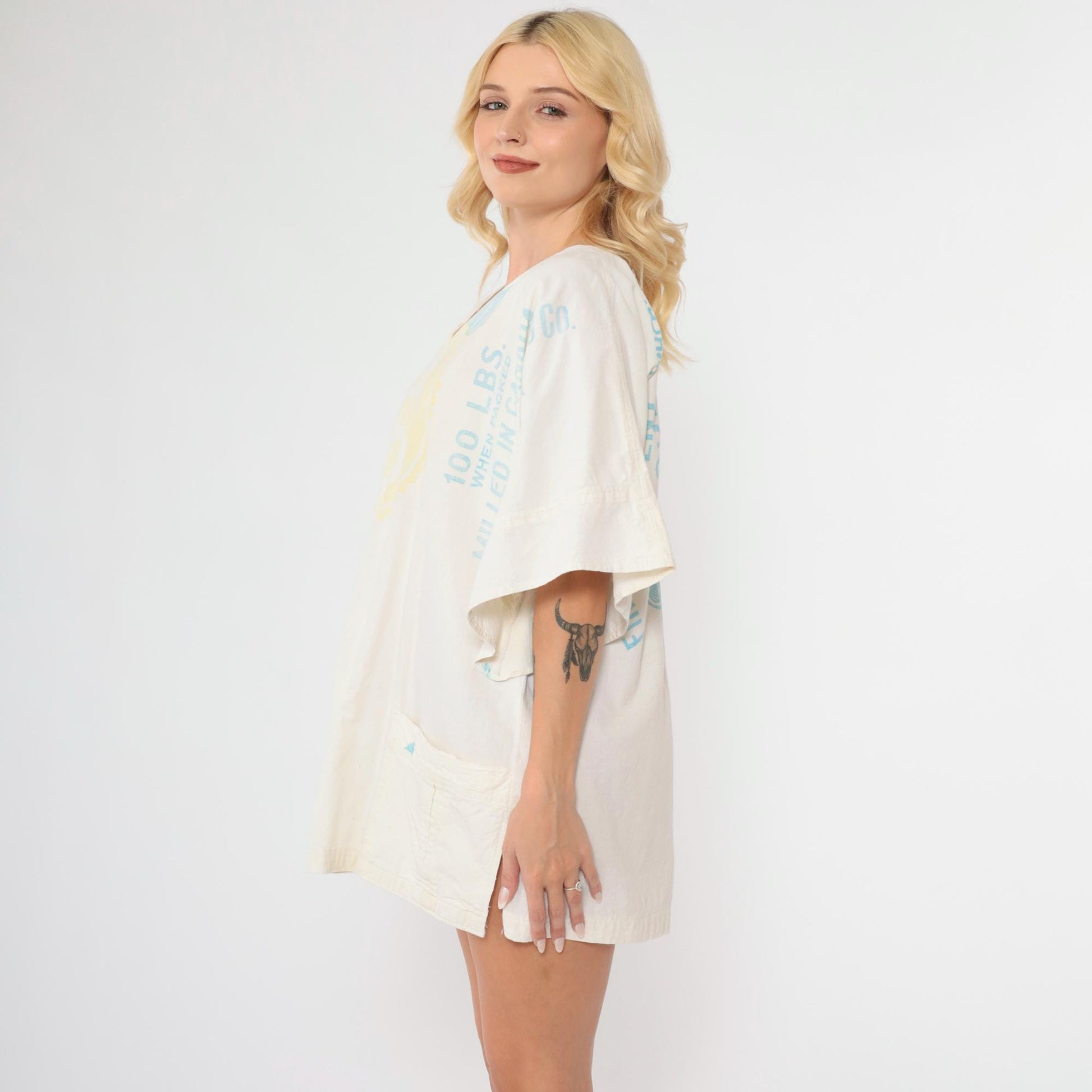 70s Brackman-Ker Milling Co Flour Sack Tunic Bell Sleeve V-Neck White Medium Large