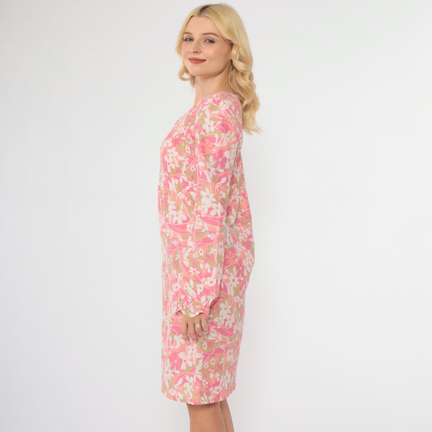 70s Floral Puff Sleeve Mini Dress Empire Waist Smocked Bodice Pink Small