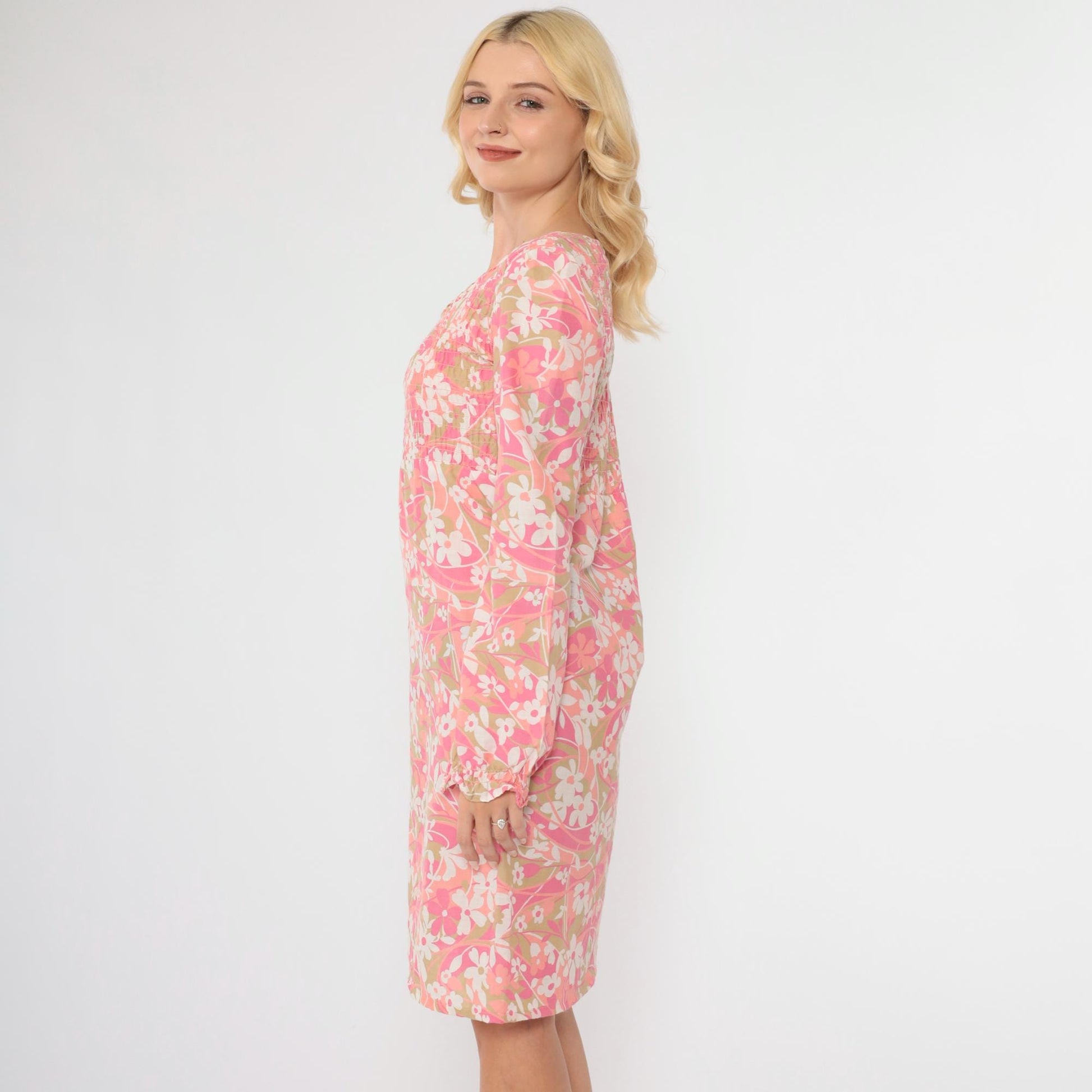 70s Floral Puff Sleeve Mini Dress Empire Waist Smocked Bodice Pink Small