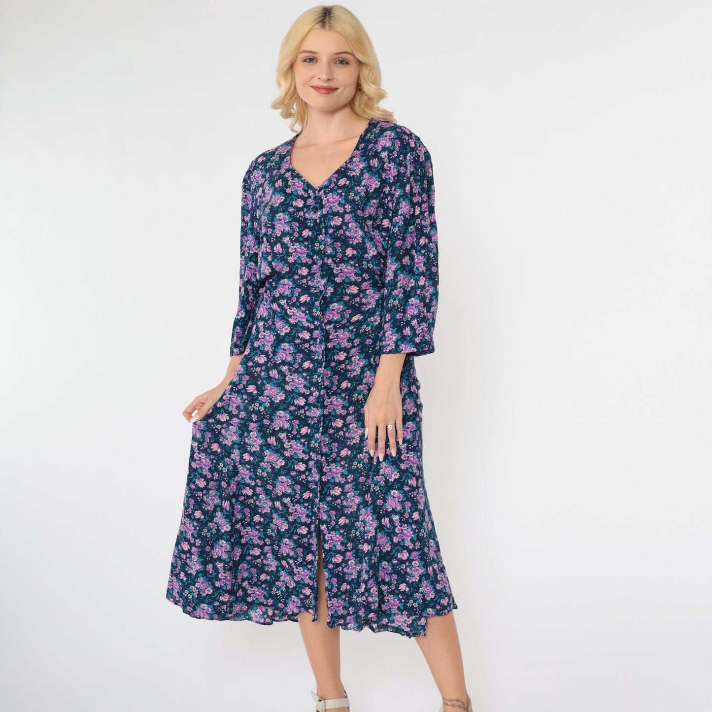 90s Purple Blue Floral Midi Dress Button Up Long Sleeve Large
