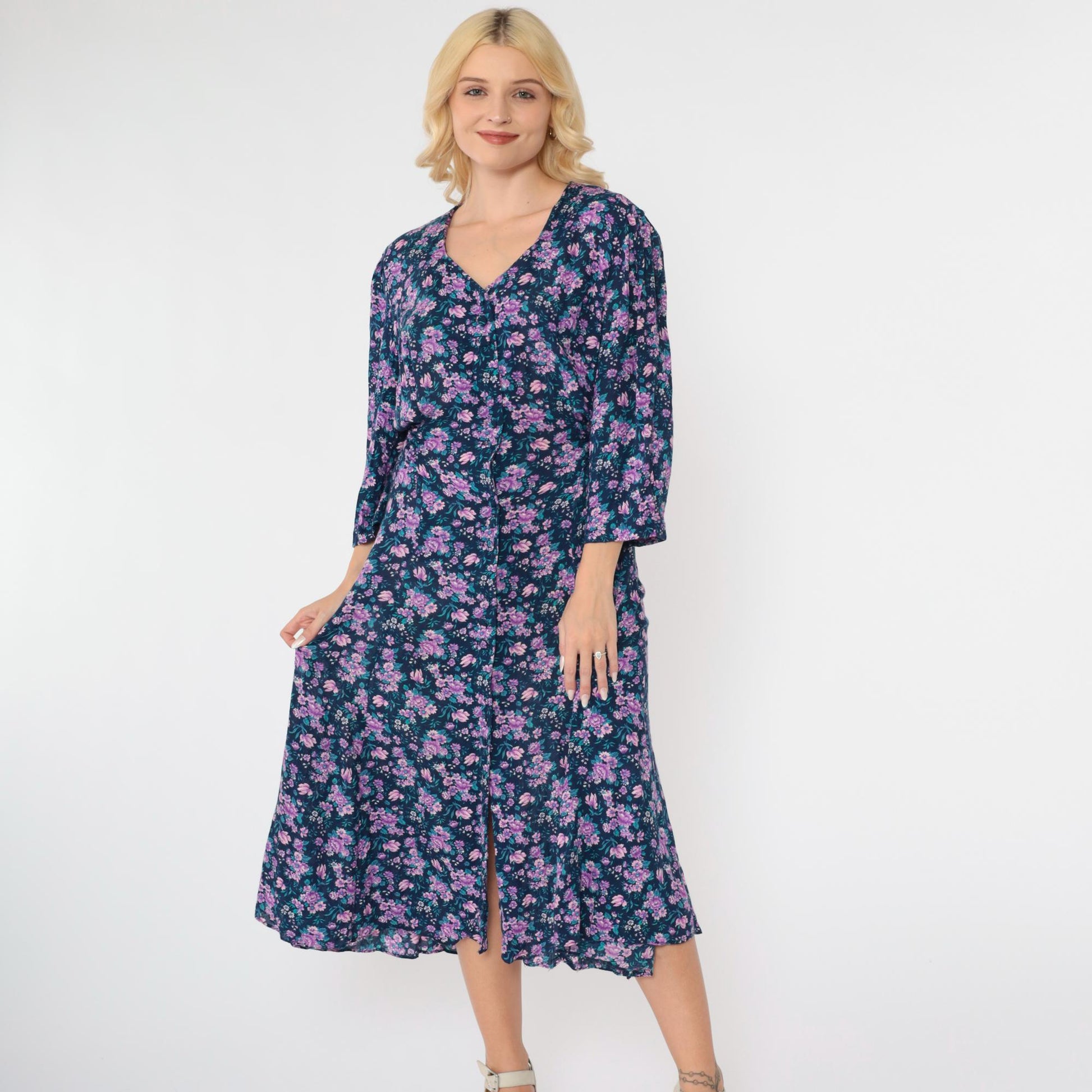 90s Purple Blue Floral Midi Dress Button Up Long Sleeve Large