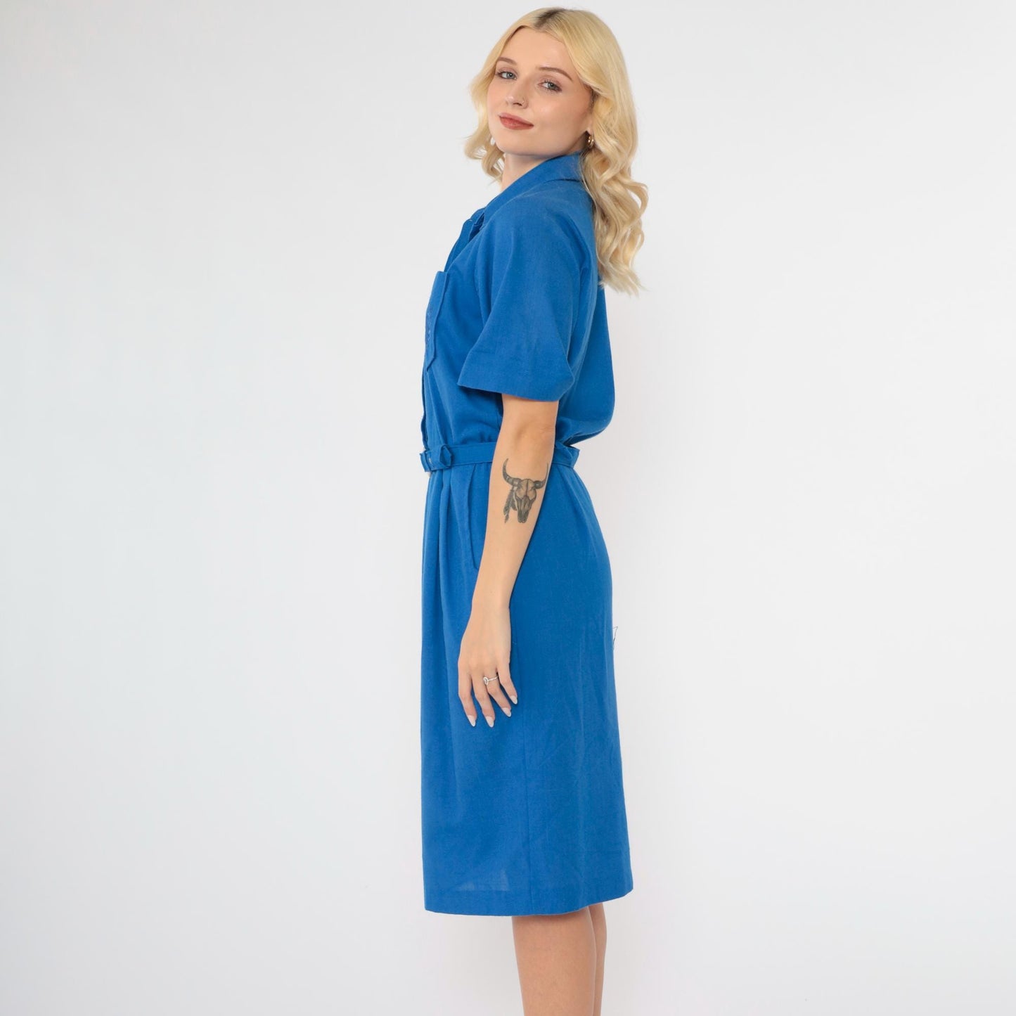 80s Blue Crest Embroidered Shirtdress Midi High Waist Belted Medium
