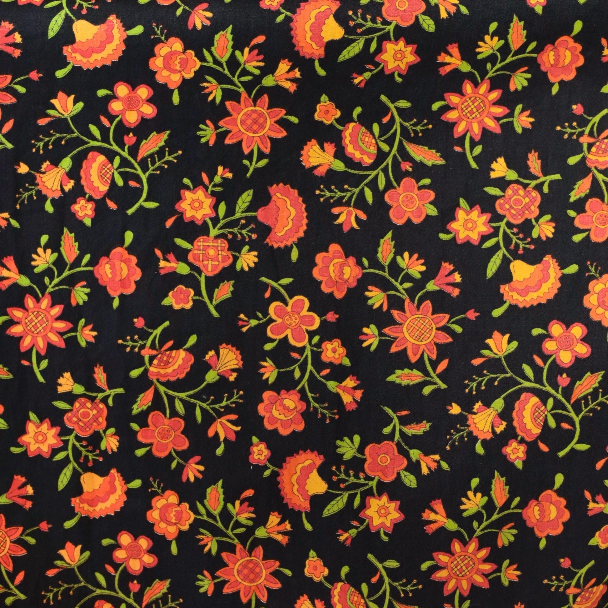 70s Floral Maxi Dress Lime Green Black Orange Puff Sleeve High Waist Small