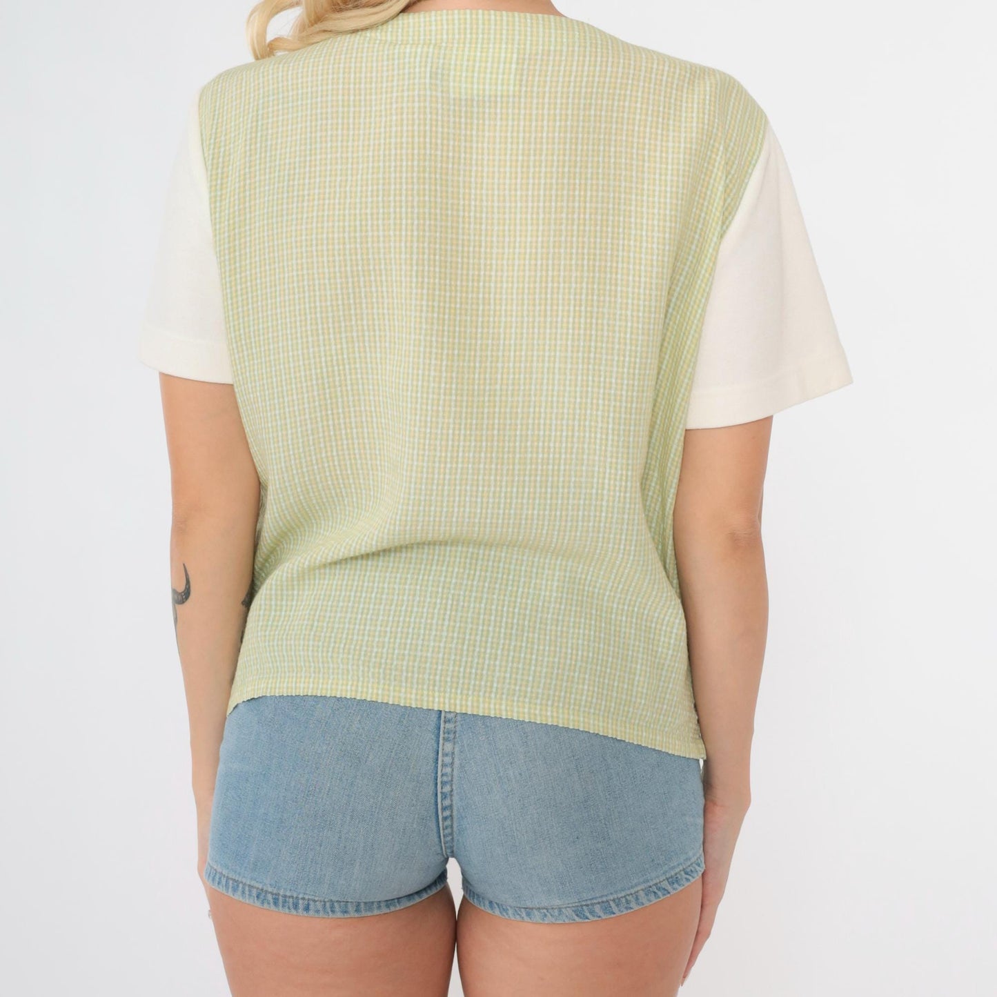 90s Napa Valley Petites Floral Embroidered Checkered Button Up Blouse Green Medium