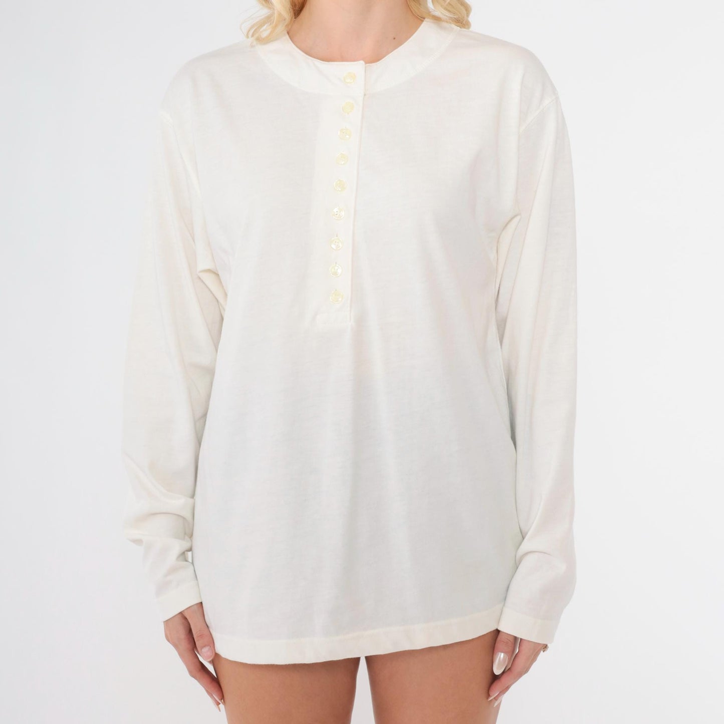 90s Plain White Henley Long Sleeve T-Shirt Button Front Small