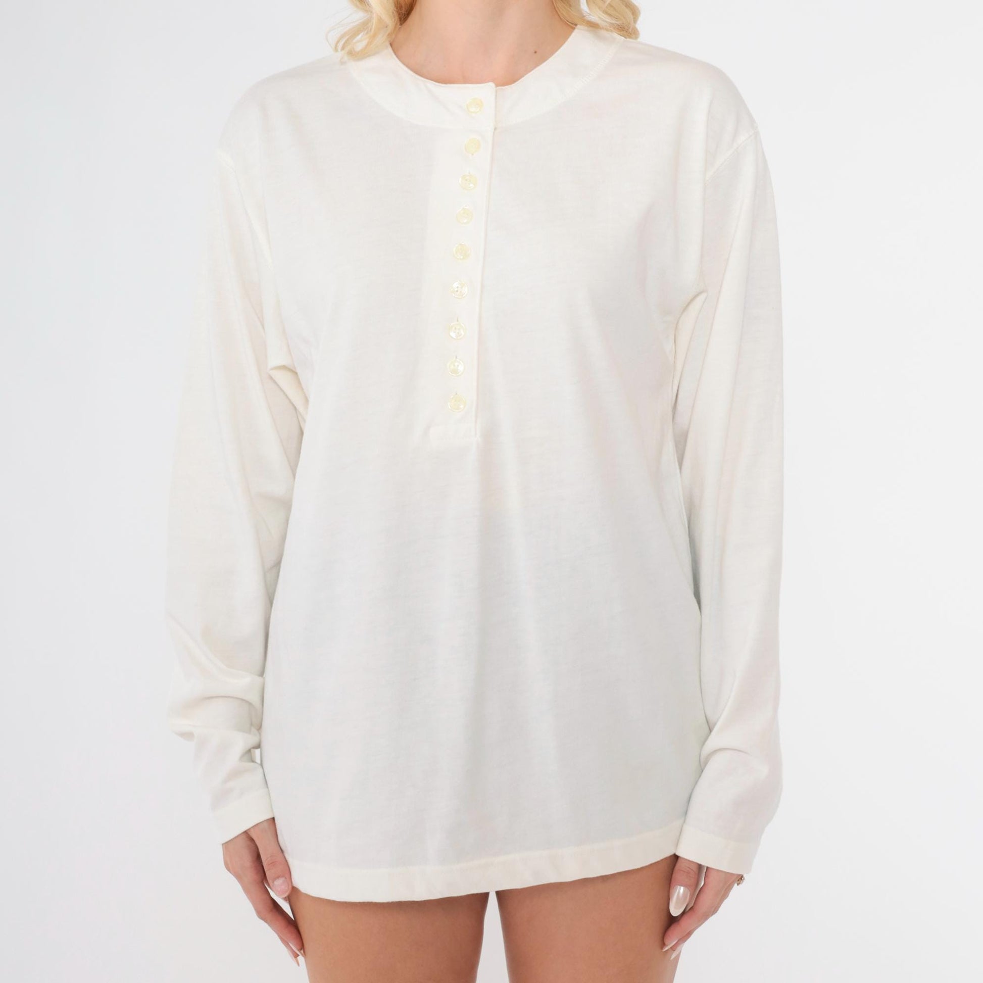 90s Plain White Henley Long Sleeve T-Shirt Button Front Small