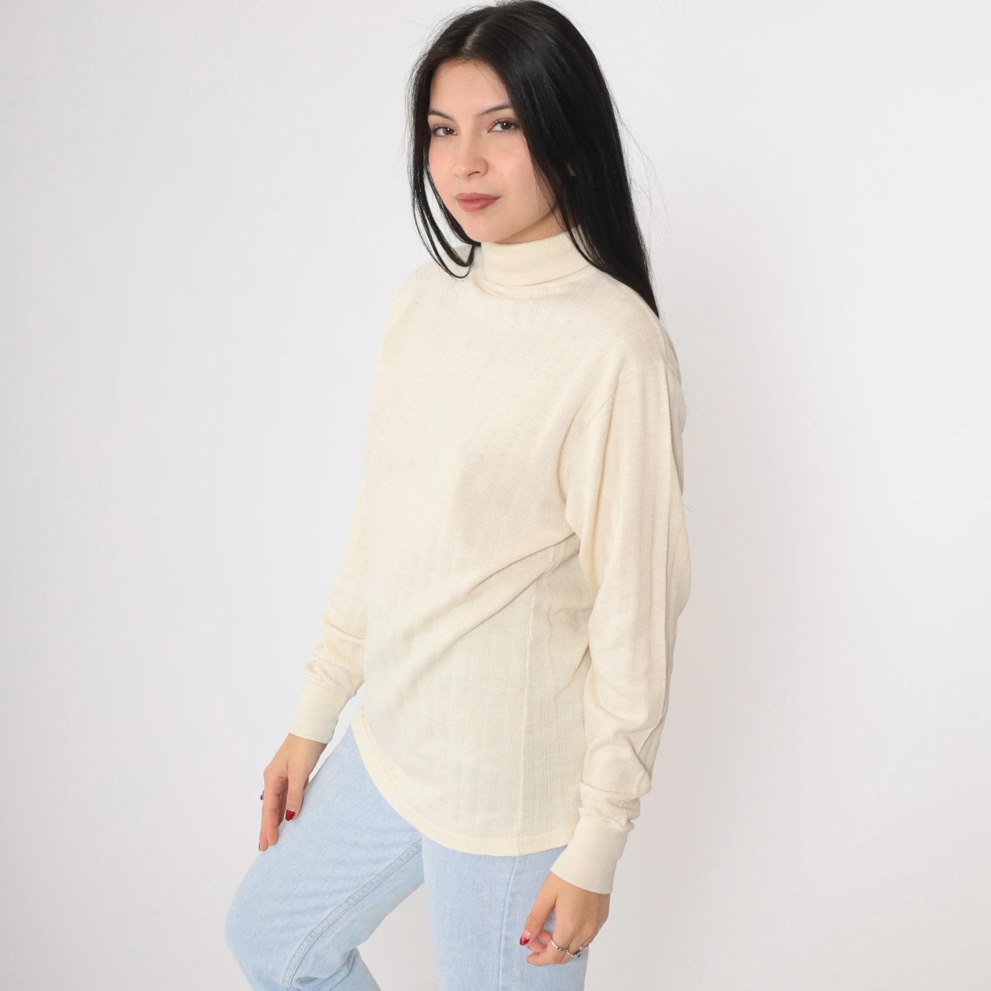 70s Cream Ribbed Turtleneck Long Sleeve Knit Top Medium