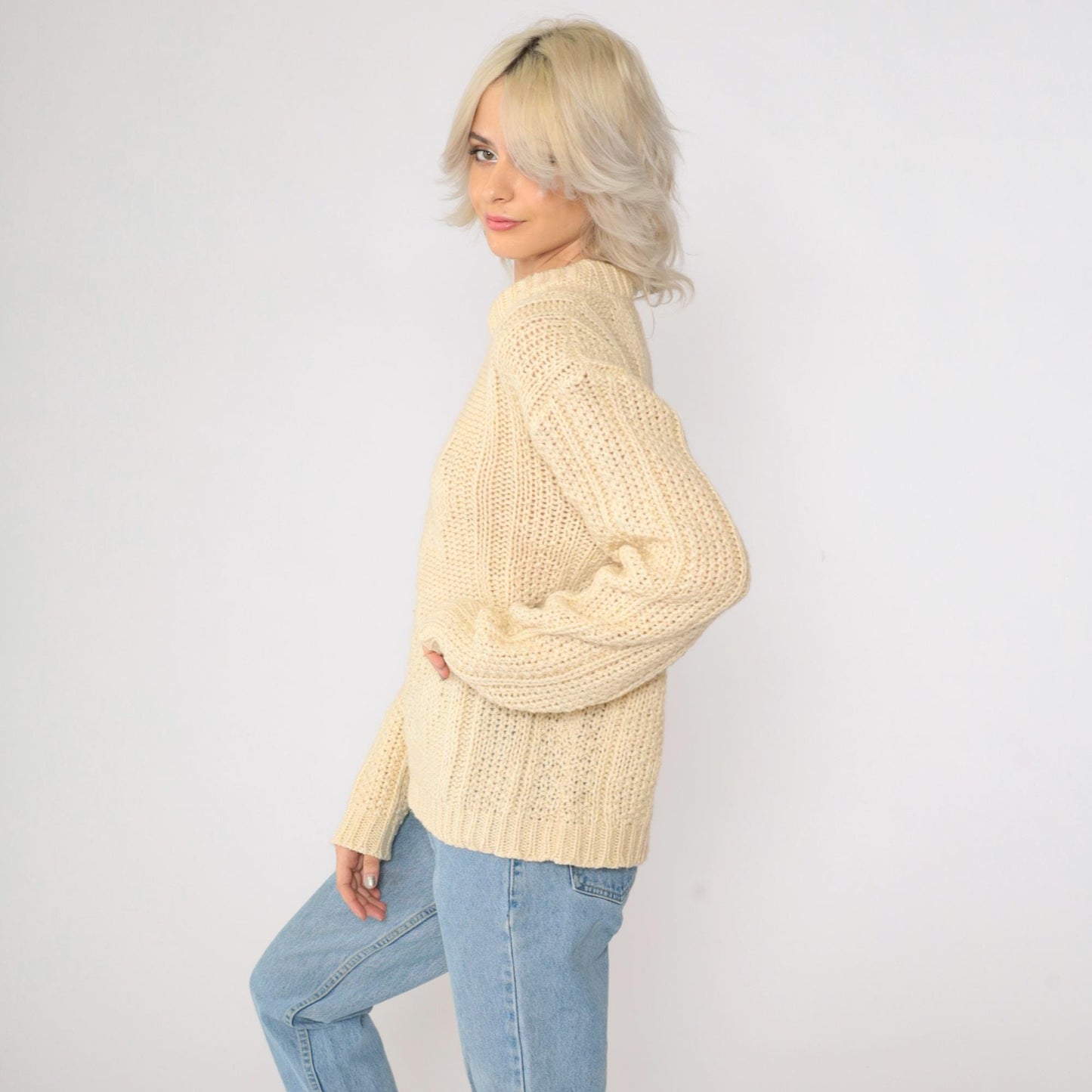 70s Inter Vale Wool Blend Sweater Cream Star Design Crewneck Large L