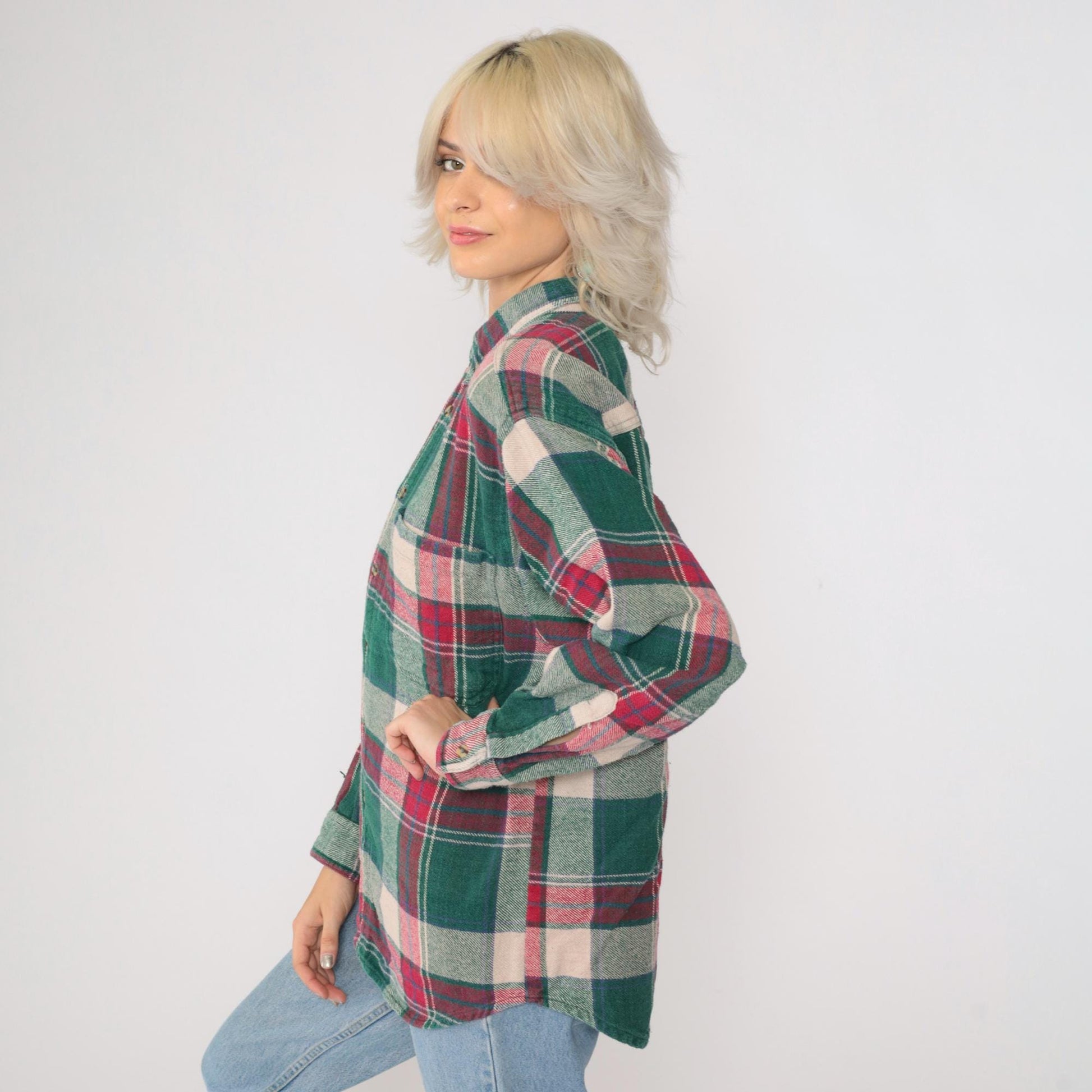 90s Sierra Pacific Green Pink Plaid Flannel Shirt Long Sleeve Medium M
