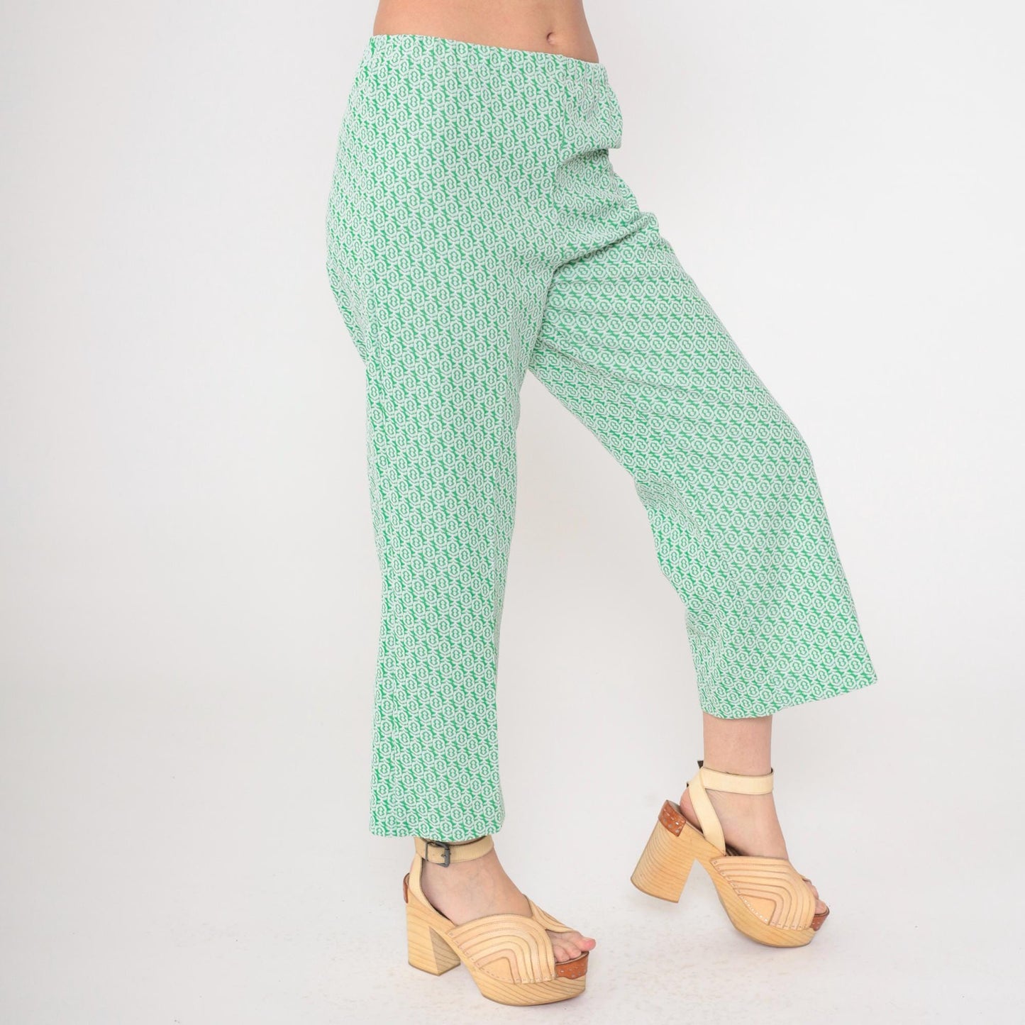 70s Green Geometric Flared Trousers High Waist Elastic Waistband Extra Small