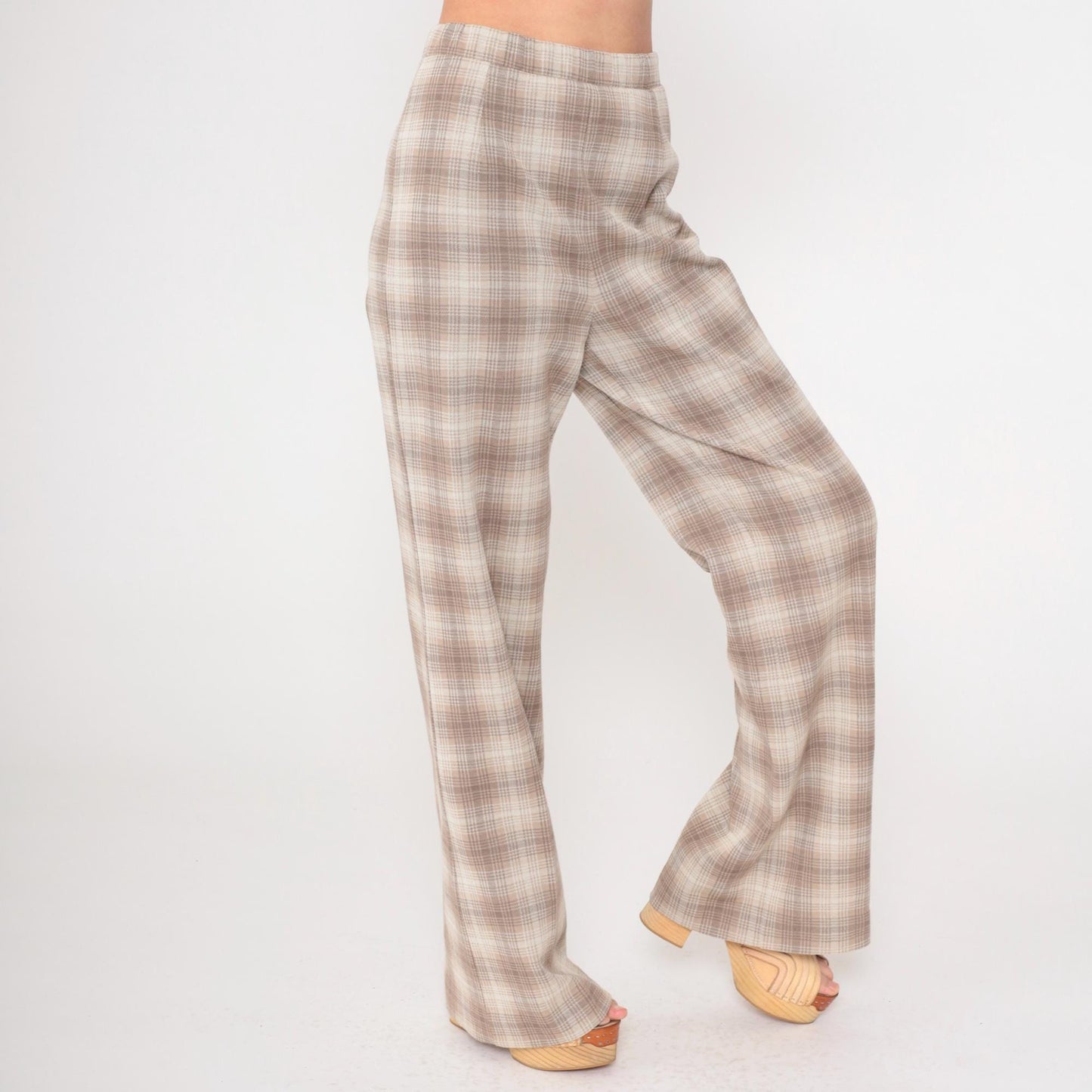 70s Plaid Flared Trousers Taupe High Waist Elastic Pants Small