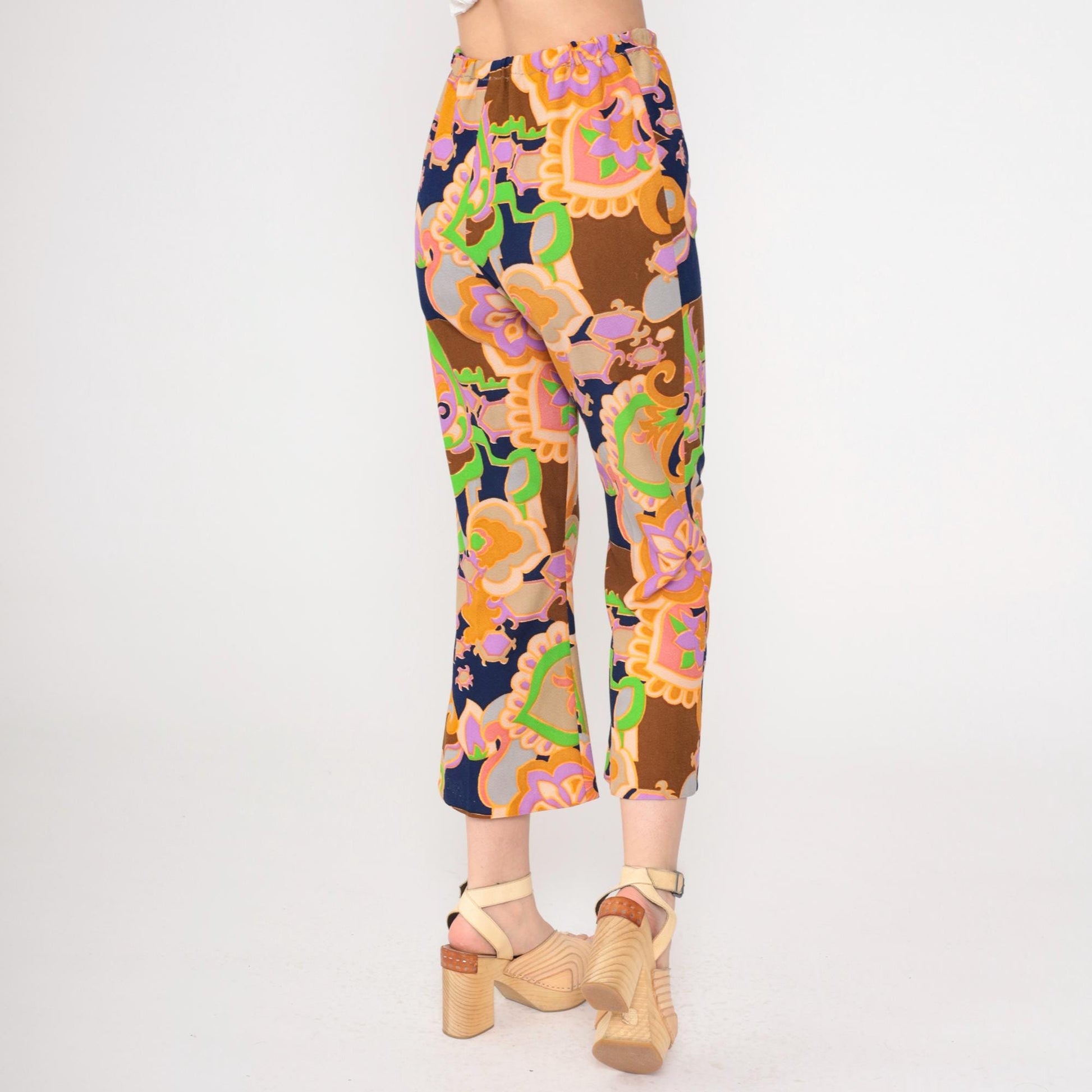 70s Psychedelic Floral Bell Bottom Pants High Waist Cropped Small