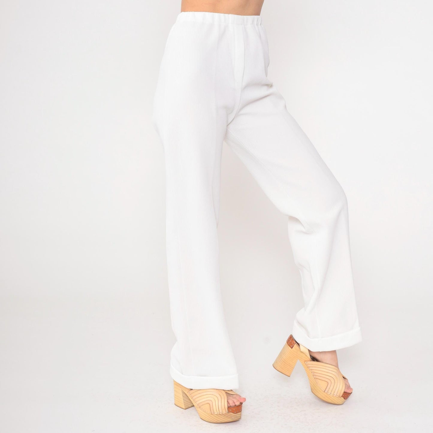 70s White Ribbed Polyester High-Rise Straight Leg Pants Elastic Waist XS