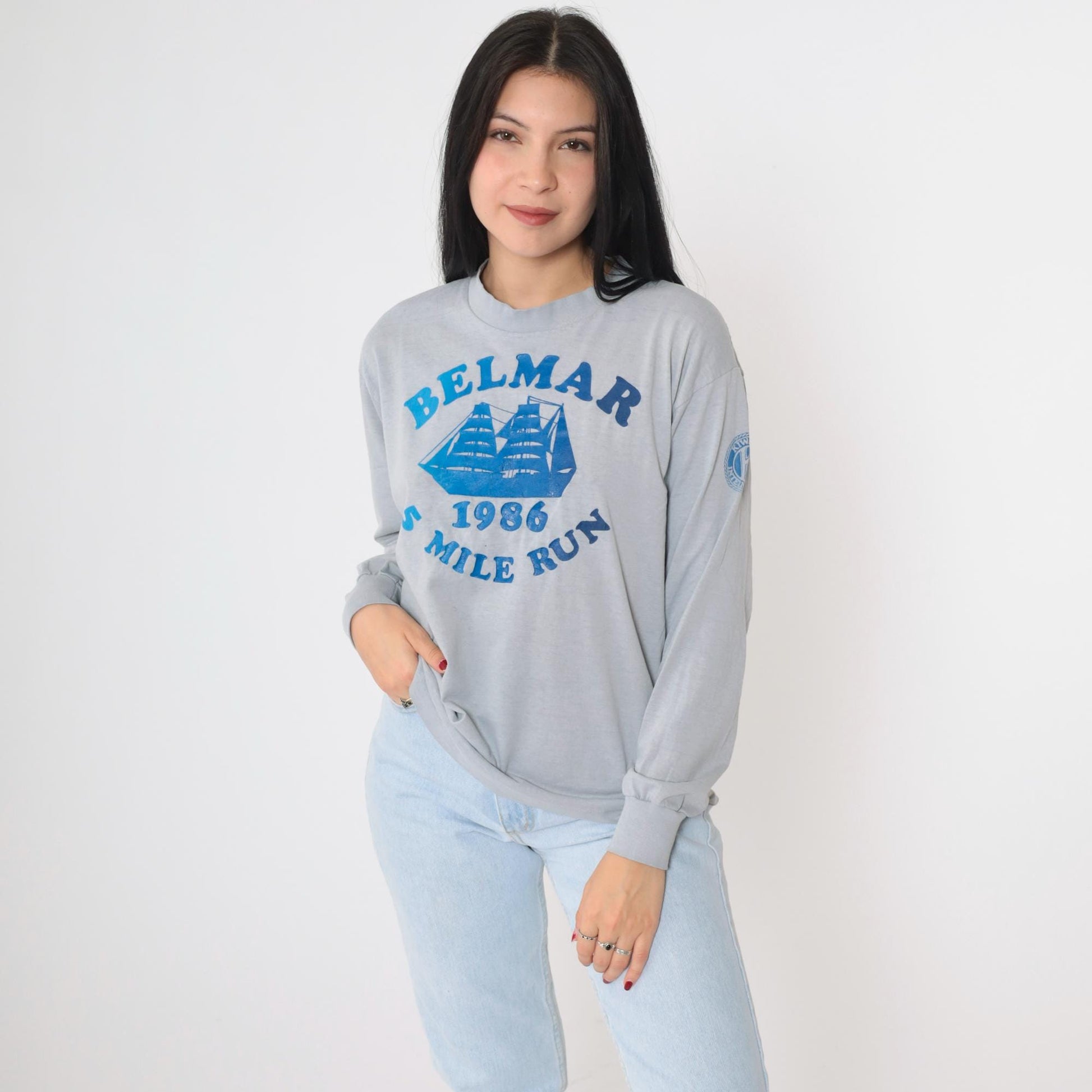 1986 Belmar 5 Mile Run Long Sleeve Graphic Tee Grey Sailboat Medium Large