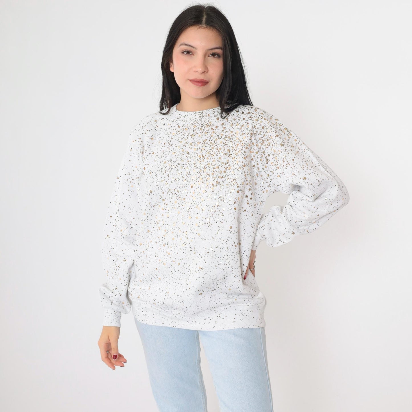 90s White Sweatshirt Gold Sequin Paint Splatter Metallic Graphic Medium