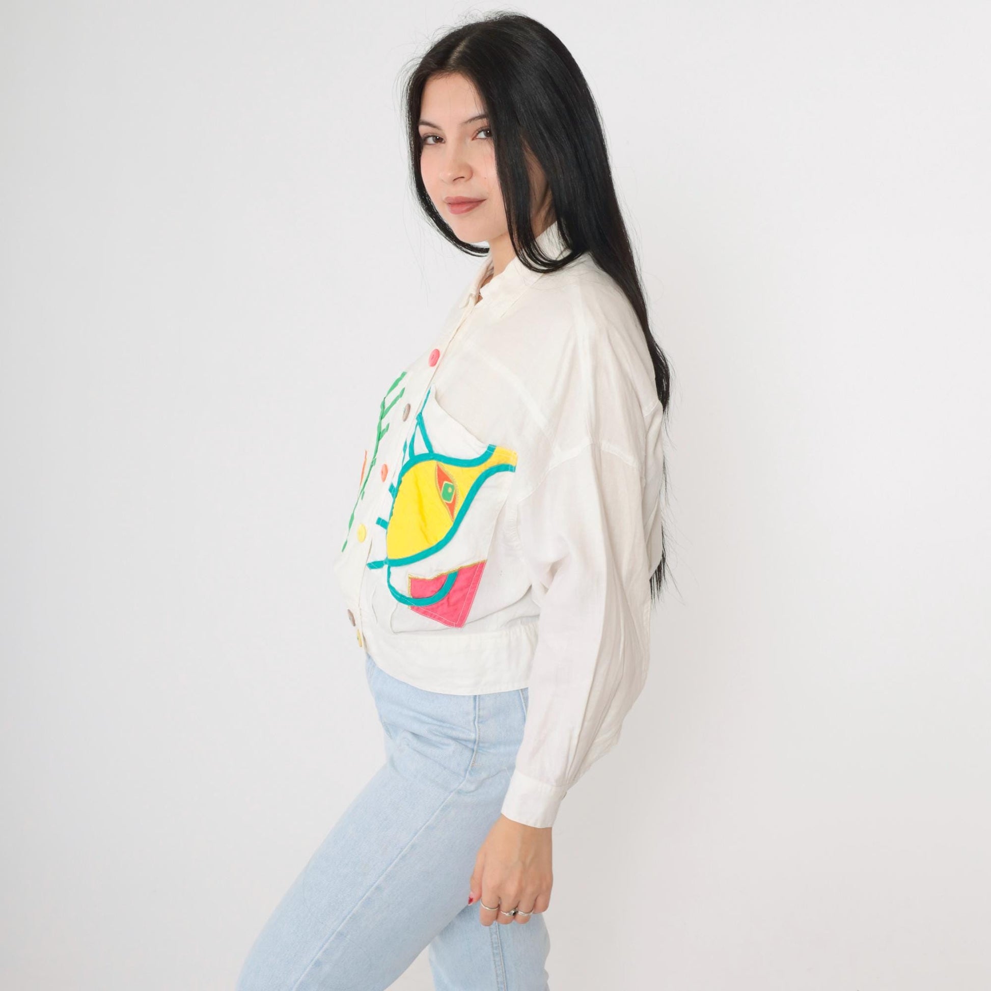 90s Ann Tian Kenar Linen Jacket Abstract Geometric Cropped Button-Up Medium Petite