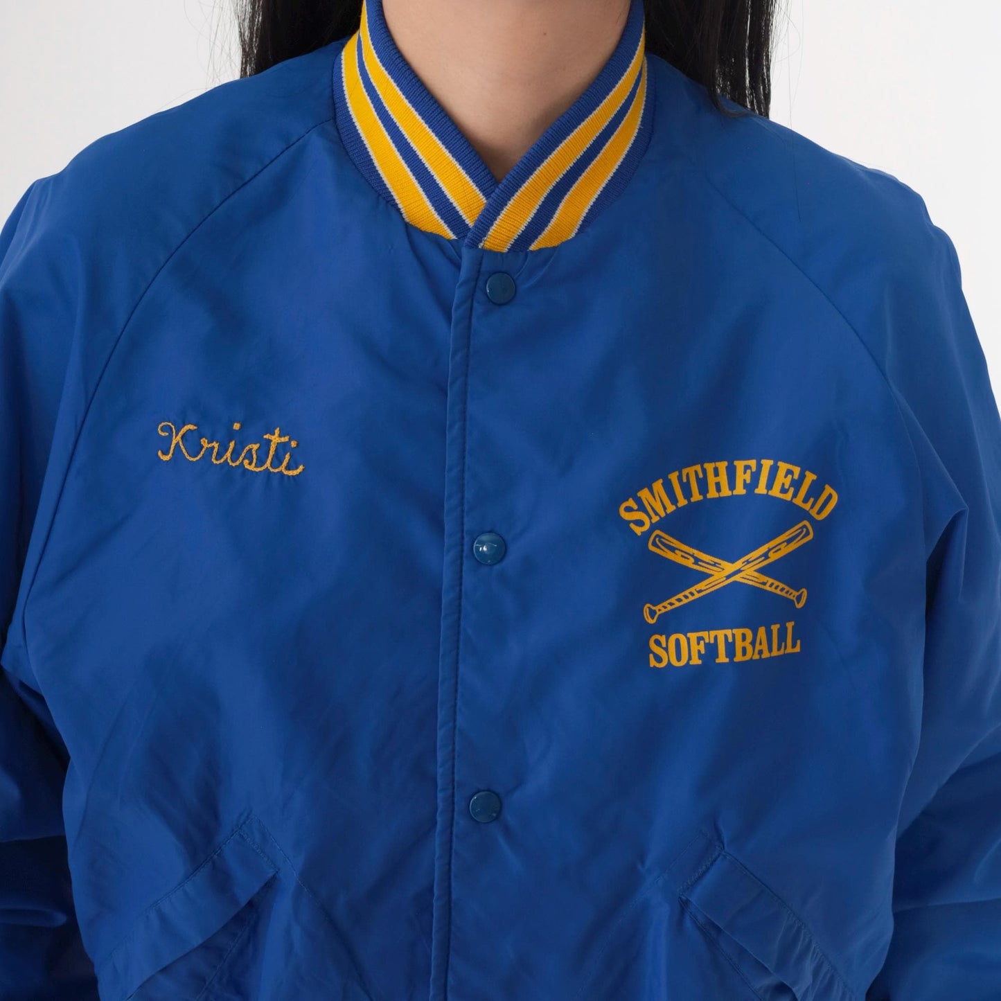 80s Smithfield Softball Bomber Jacket Blue Nylon Snap Kristi Medium