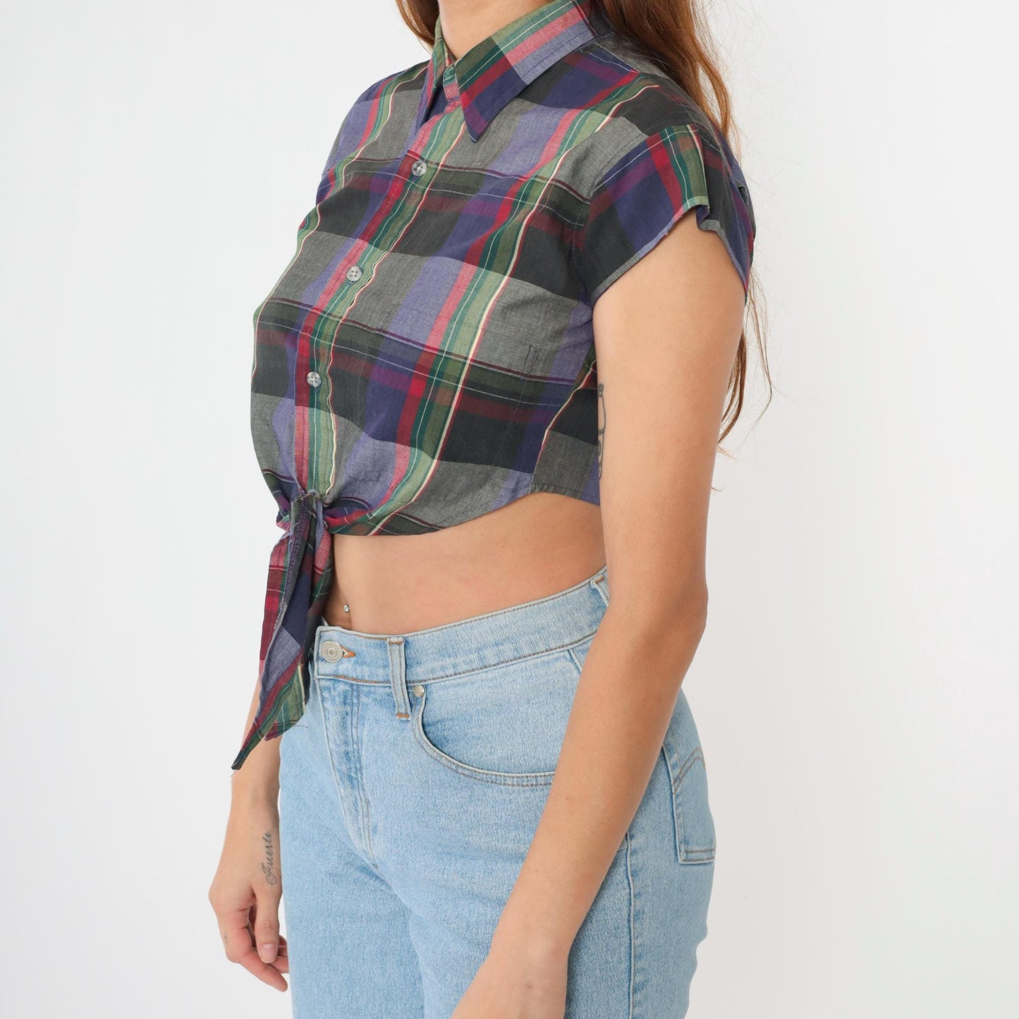 90s Checkered Crop Top Button Up Blouse Tie Waist Cap Sleeve Grey Small XS